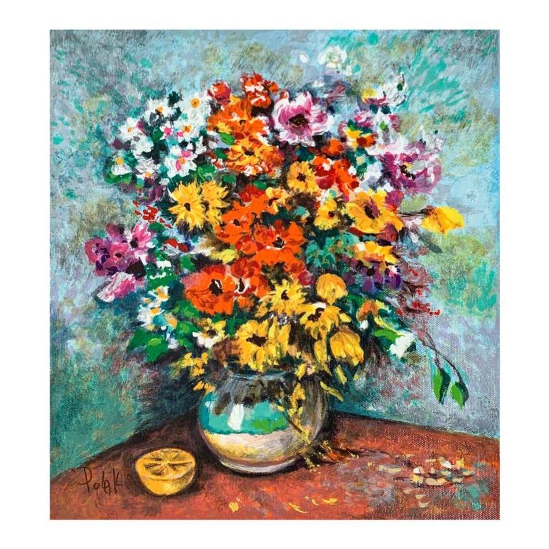 Dimitri Polak (1922-2008), "Red Flowers" Hand Signed Limited Edition Serigraph on Canvas with Letter: Red Flowers is a limited edition serigraph on canvas by Dimitri Polak (1922-2008). It is numbered and hand signed and includes a letter of authenticity. Measures approximately 12" x 14" (image). Refer