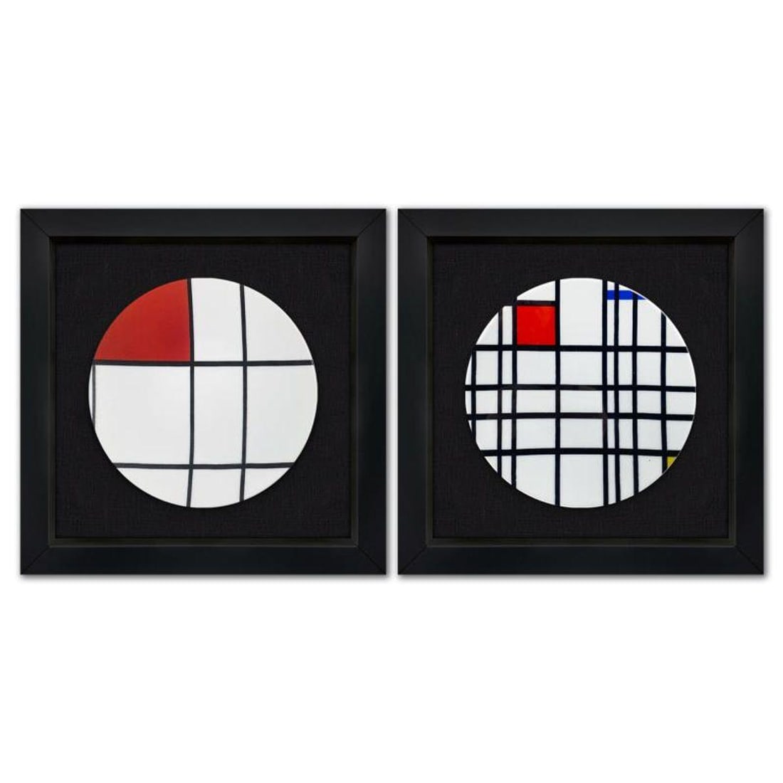 Piet Mondrian (1872-1944), "Composition with Yellow, Blue & Red and Composition B with Red" Framed: Composition with Yellow, Blue & Red and Composition B with Red is a 2-piece Limoges porcelain plate set by Piet Mondrian (1872-1944). These plates come custom framed and floated on linen. Measures app