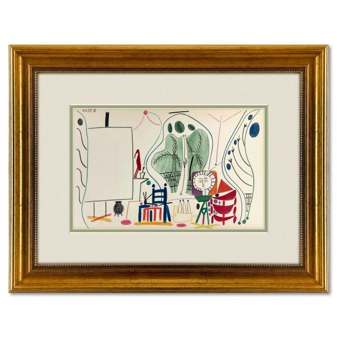 Pablo Picasso (1881-1973), "Carnet de Californie 8.11.55-III" Framed Vintage Lithograph on Paper: Carnet de Californie 8.11.55-III is a vintage lithograph on paper by Pablo Picasso (1881-1973). This piece is from Picasso's Carnet de Californie Series and was printed in Paris, France by Mourlot Stu