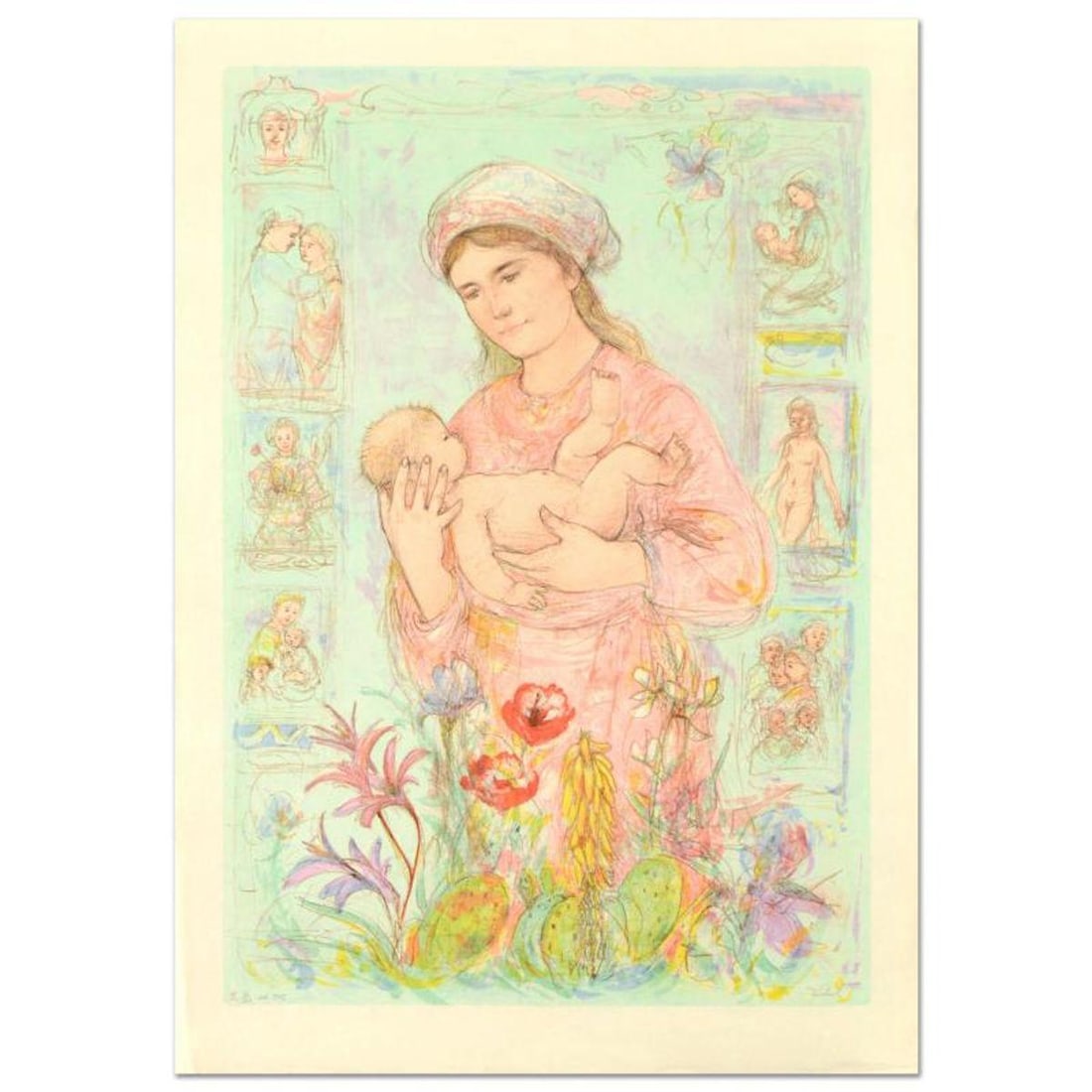 Edna Hibel (1917-2014), "Raquela" Limited Edition Lithograph on Rice Paper, Numbered and Hand Signed: Raquela is a limited edition lithograph on rice paper by Edna Hibel (1917-2014), numbered and hand signed by the artist. Includes Certificate of Authenticity. Measures approx. 26.5" x 37.5" (border),