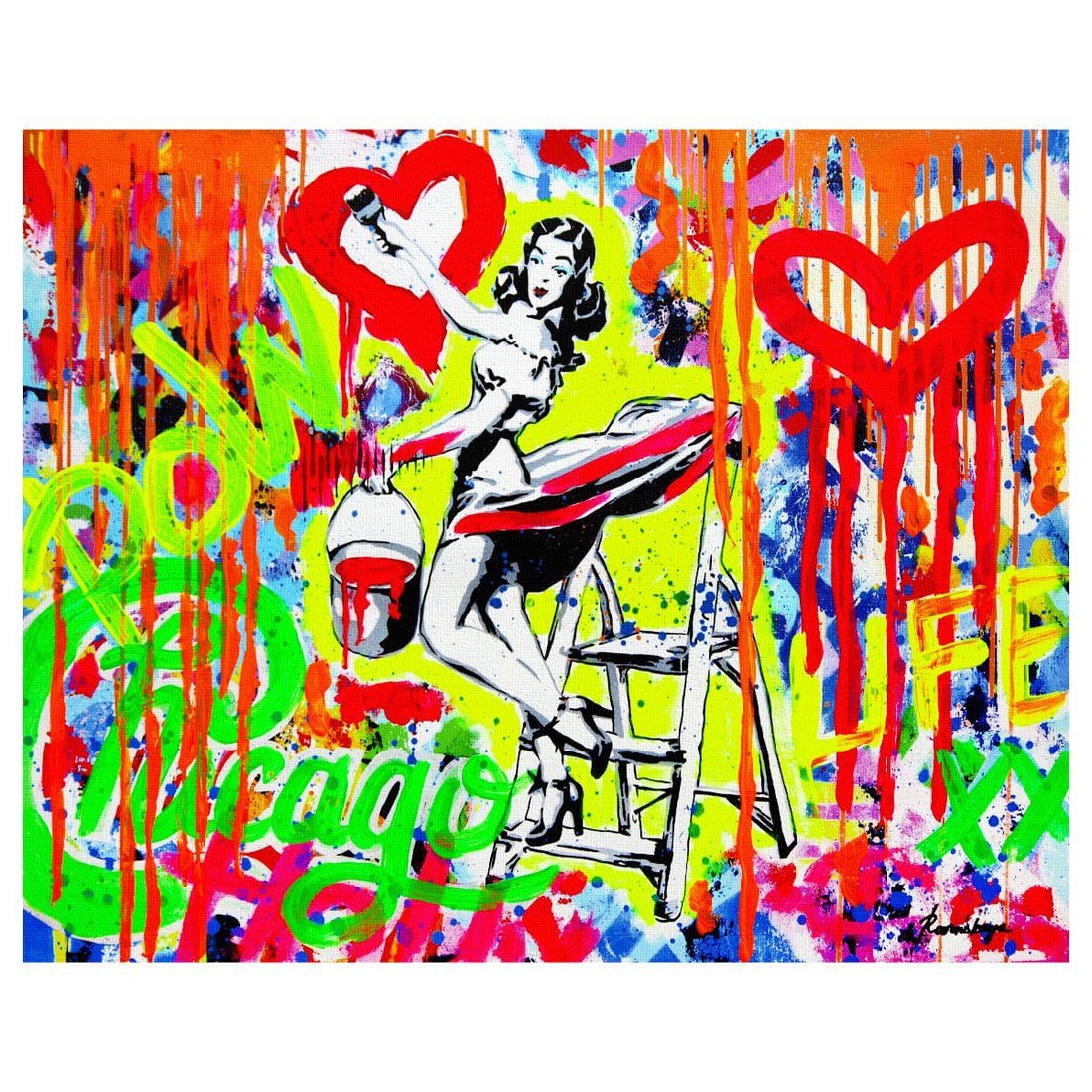 Nastya Rovenskaya- Mixed Media on Canvas "Retro Love, Modern Chaos": Artist: Nastya Rovenskaya. Medium: Mixed Media on Canvas. Title: Retro Love, Modern Chaos. Size: 16" x 20". Signature: Hand signed. Certificate of Authenticity: Is included. Reference#: 26306.