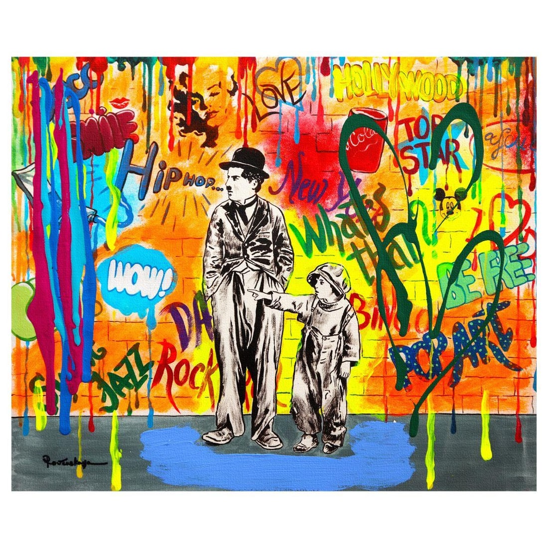 Nastya Rovenskaya- Mixed Media on Canvas "Wanna be like Chaplin": Artist: Nastya Rovenskaya. Medium: Mixed Media on Canvas. Title: Wanna be like Chaplin. Size: 16" x 20". Signature: Hand signed. Certificate of Authenticity: Is included. Reference#: 26303.