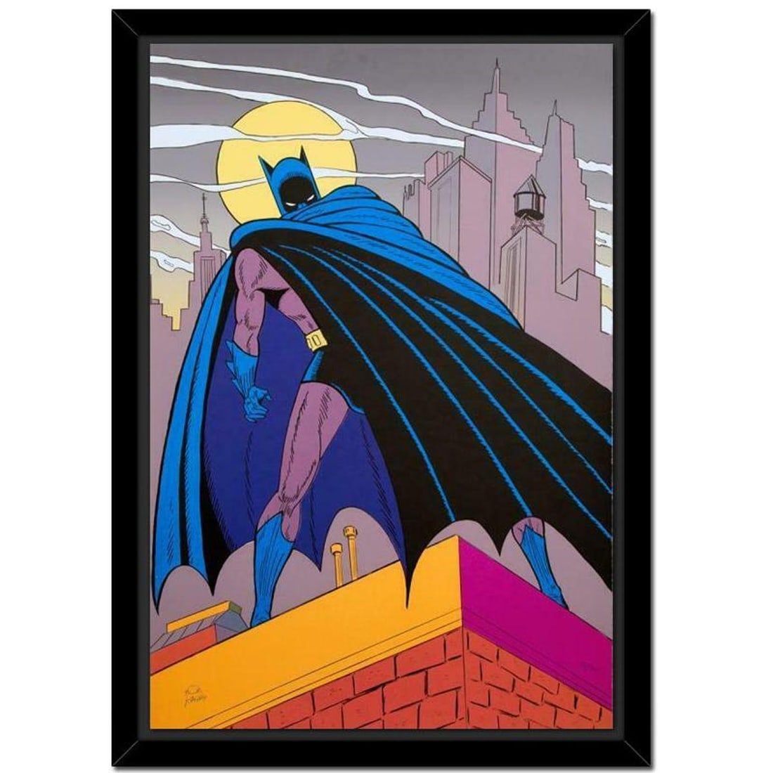 Bob Kane (1915-1998), "Batman Over Gotham" Framed Hand Signed Limited Edition Original Lithograph: Batman Over Gotham is a 1989 limited edition original lithograph on paper by Bob Kane (1915-1998), creator of the DC comics character. This piece is numbered and hand signed by Bob Kane and comes fram