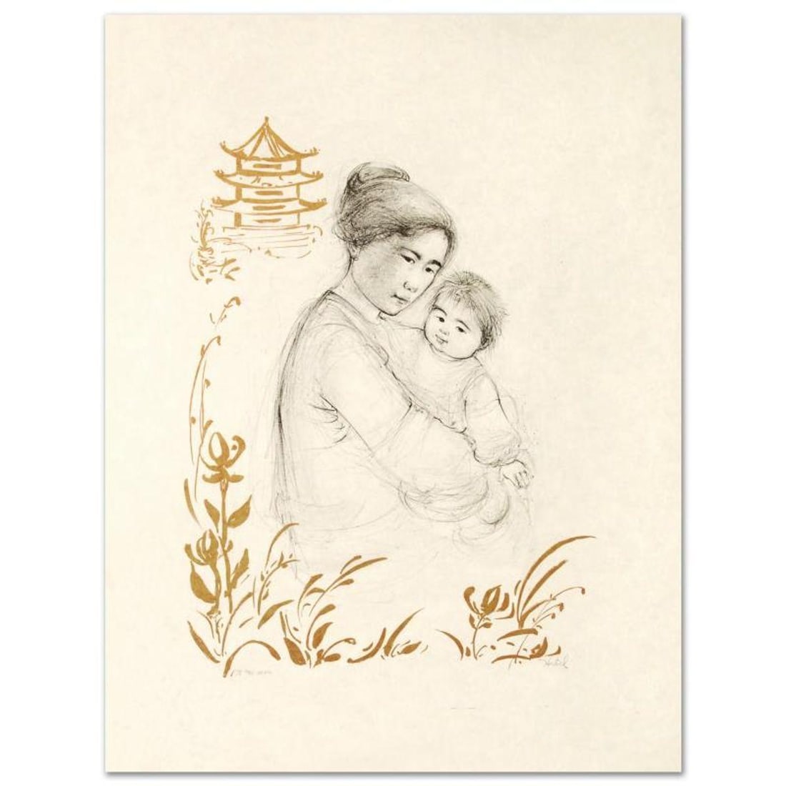 Lei Jeigiong and her Baby in the Garden of Yun-Tai Limited Edition Lithograph by Edna Hibel: Lei Jeigiong and her Baby in the Garden of Yun-Tai is a limited edition lithograph on rice paper, numbered and hand signed by Edna Hibel (1917-2014). Includes Certificate of Authenticity! Measures app