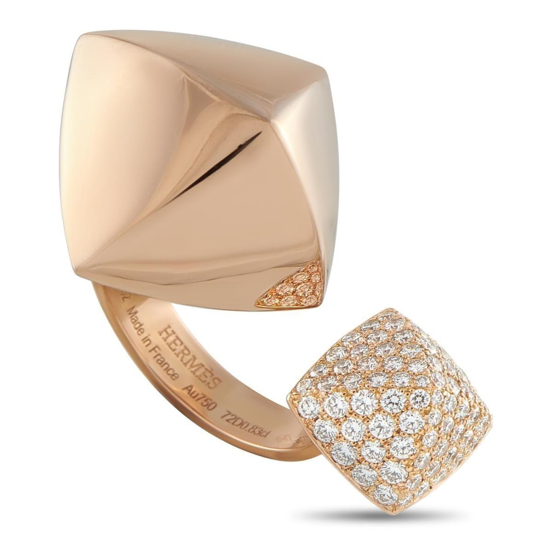 HERMES COLLIER DE CHIEN 18K ROSE GOLD DIAMOND RING: When it comes to luxury jewelry, this Hermes Collier De Chien ring is a sculptural masterpiece. The minimalist design features sparkling inset Diamonds and the collections iconic domed, four-sided stu