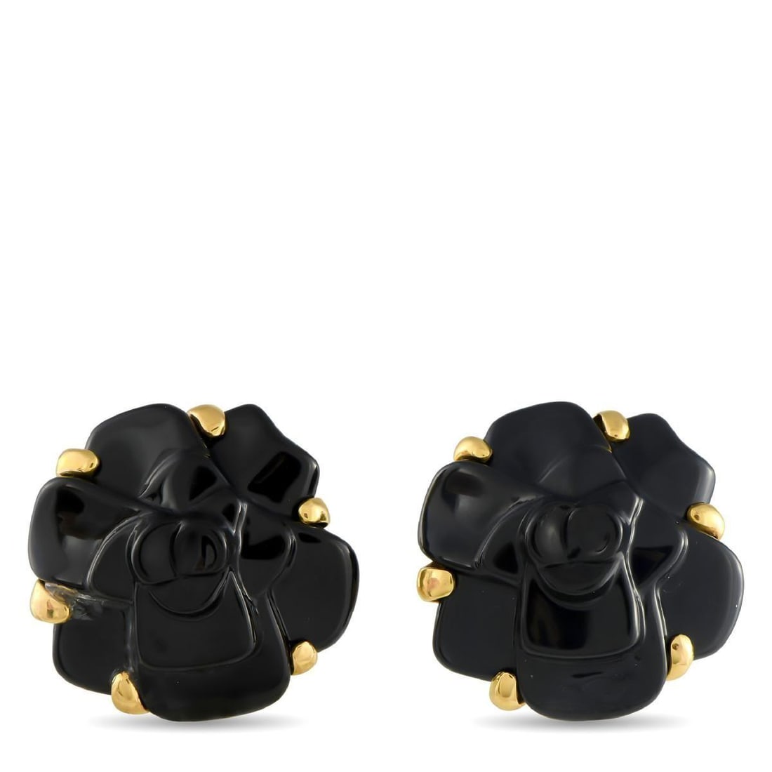 CHANEL 18K YELLOW GOLD AND BLACK CERAMIC CAMELIA EARRINGS: Chanel fused feminine grace with edgy sophistication in these black ceramic Camelia clip-on earrings. They feature a solid 18K yellow gold base, with prongs that secure a sculpted black ceramic cameli