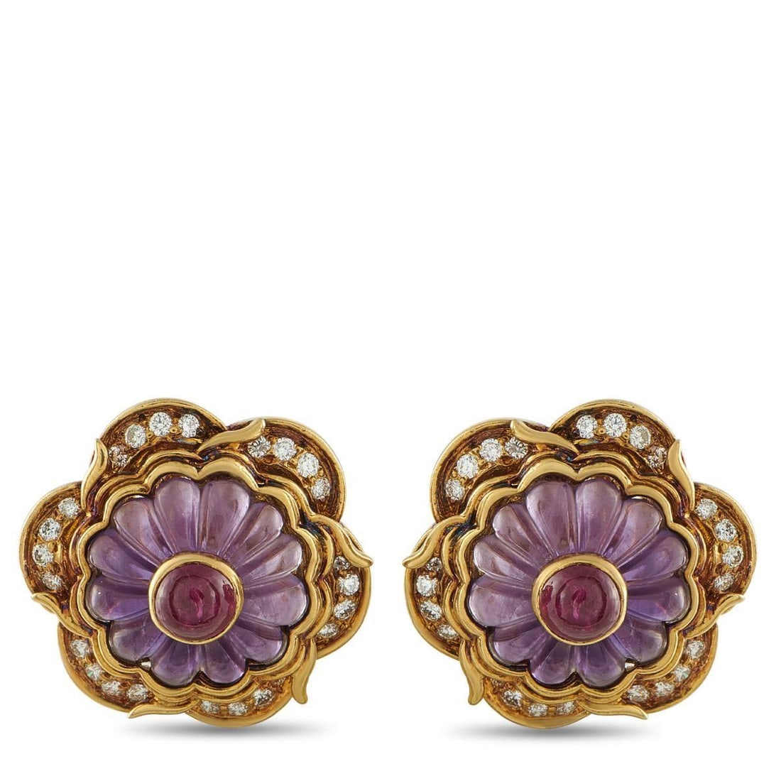 HARRY WINSTON VINTAGE 18K YELLOW GOLD DIAMOND, AMETHYST AND RUBY FLOWER CLIP-ON EARRINGS: These Harry Winston vintage earrings bring a soft, floral silhouette to life through layered color and expert craftsmanship. At the center sits a ruby cabochon, surrounded by a scalloped amethyst that