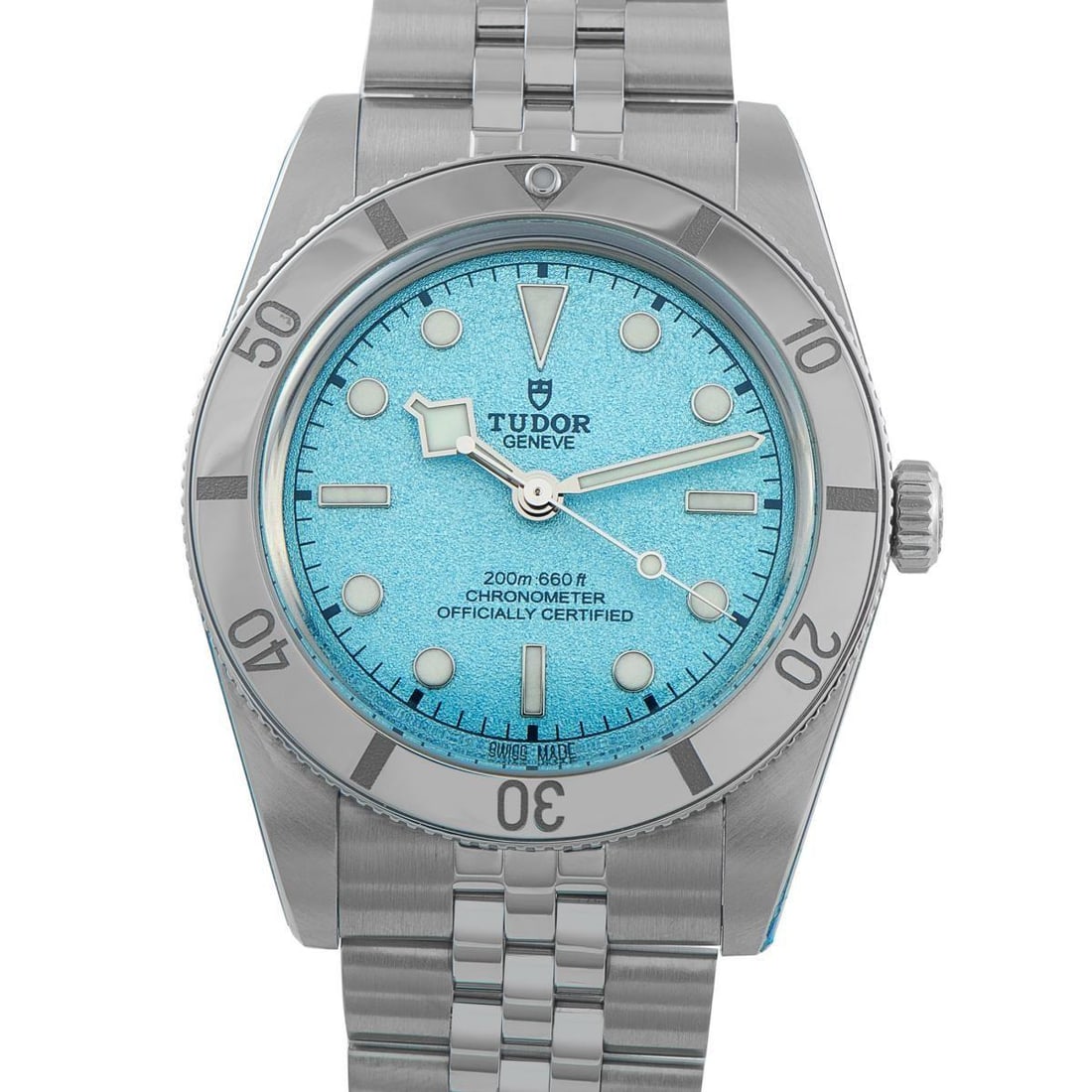 TUDOR BLACK BAY 54 LAGOON BLUE DIAL STEEL WATCH: Launched in 2024 with a 37mm stainless steel case, the Tudor Black Bay 54 Blue Lagoon ref. 79000 offers a modern take on a vintage dive watch. Its bright, turquoise-leaning blue dial adds character wi