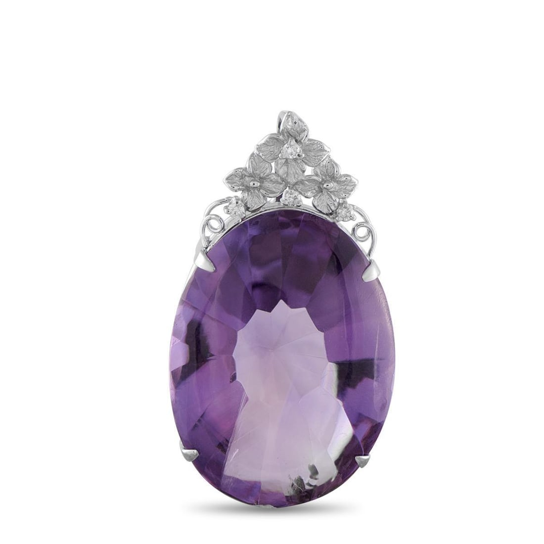 18K WHITE GOLD 0.08CT DIAMOND AND AMETHYST PENDANT: A breathtaking 58.41 carat Amethyst center stone makes this pendant an impressive addition to any jewelry collection. Stunning and statement-making, the 18K white gold setting is elevated by Diamond a