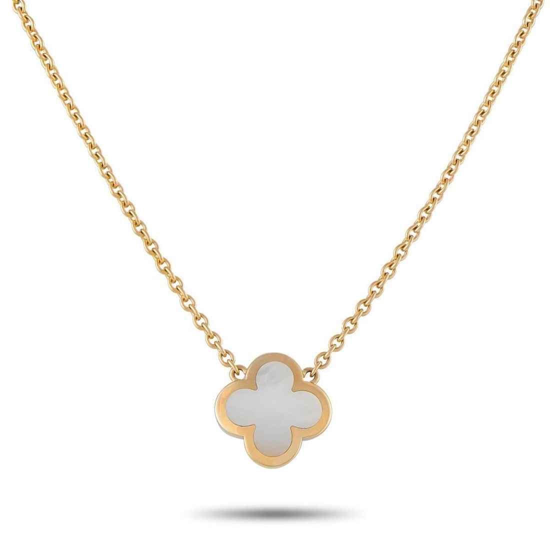 VAN CLEEF & ARPELS PURE ALHAMBRA 18K YELLOW GOLD MOTHER OF PEARL NECKLACE: This Van Cleef & Arpels Pure Alhambra necklace is incredibly chic. Sleek and stylish, the brands iconic clover-shaped motif is elevated by clean lines and white Mother of Pearl at the center. Crafted