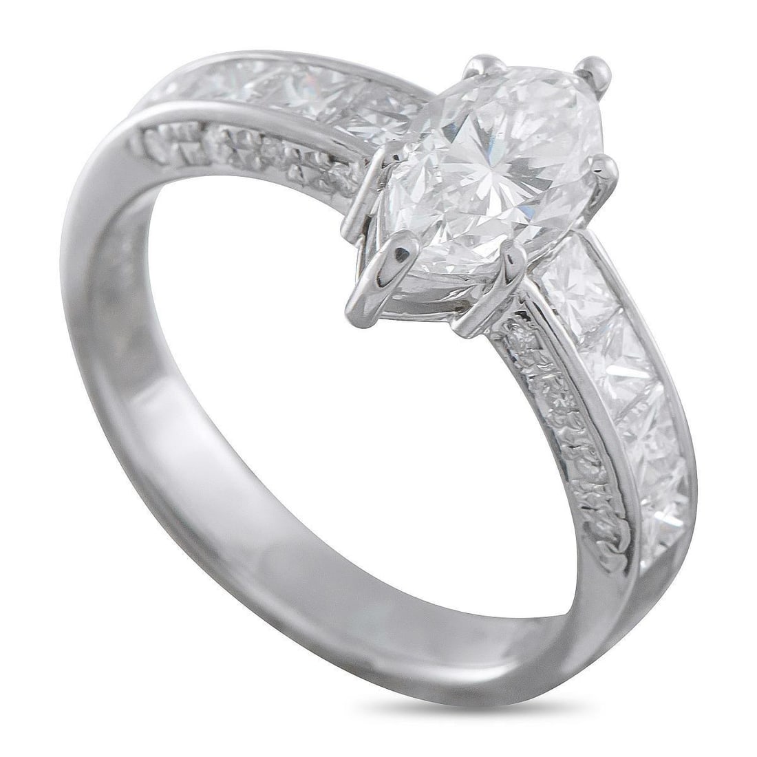 PLATINUM 2.14CT DIAMOND RING: This is a ring that reveals itself slowly. At the center sits a 1.23-carat marquise diamond, secured by six delicate prongs for a refined, open look. Princess-cut diamonds are channel set along the sh