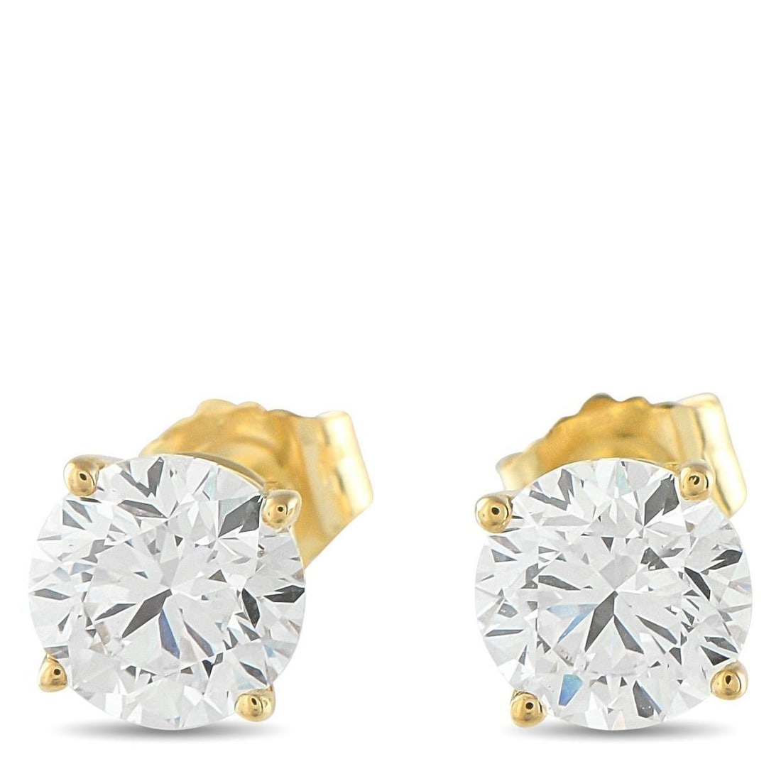 14K YELLOW GOLD 1.85CT LAB-GROWN DIAMOND STUD EARRINGS: These stud earrings feature 1.85 carats of round brilliant lab-grown diamonds. Graded F-G in color and VVS2-VS1 in clarity, they display crisp brightness and refined detail. Their size makes them vers