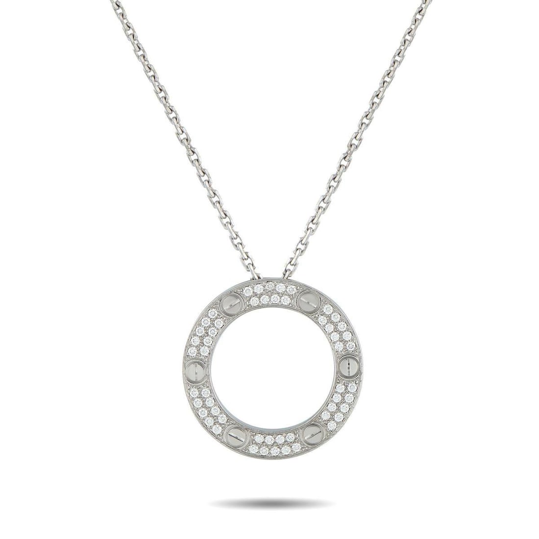CARTIER LOVE 18K WHITE GOLD DIAMOND NECKLACE: This Cartier LOVE necklace is a luxury piece that is ideal for everyday wear. This pieces circular pendant includes a series of screw motifs a signature feature of the popular collection. Sparkling in
