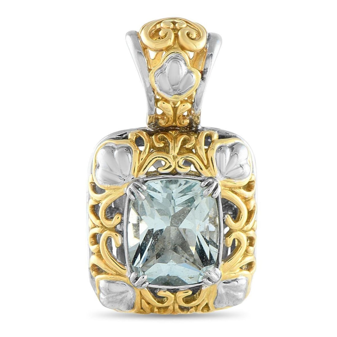 JOHN HARDY 18K WHITE AND YELLOW GOLD 4.0CT AQUAMARINE PENDANT: This John Hardy Pendant is simply unforgettable. Intricate 18K Yellow Gold metalwork is elevated by carefully placed 18K White Gold accents. At the center, a breathtaking 4.0 carat Aquamarine gemstone