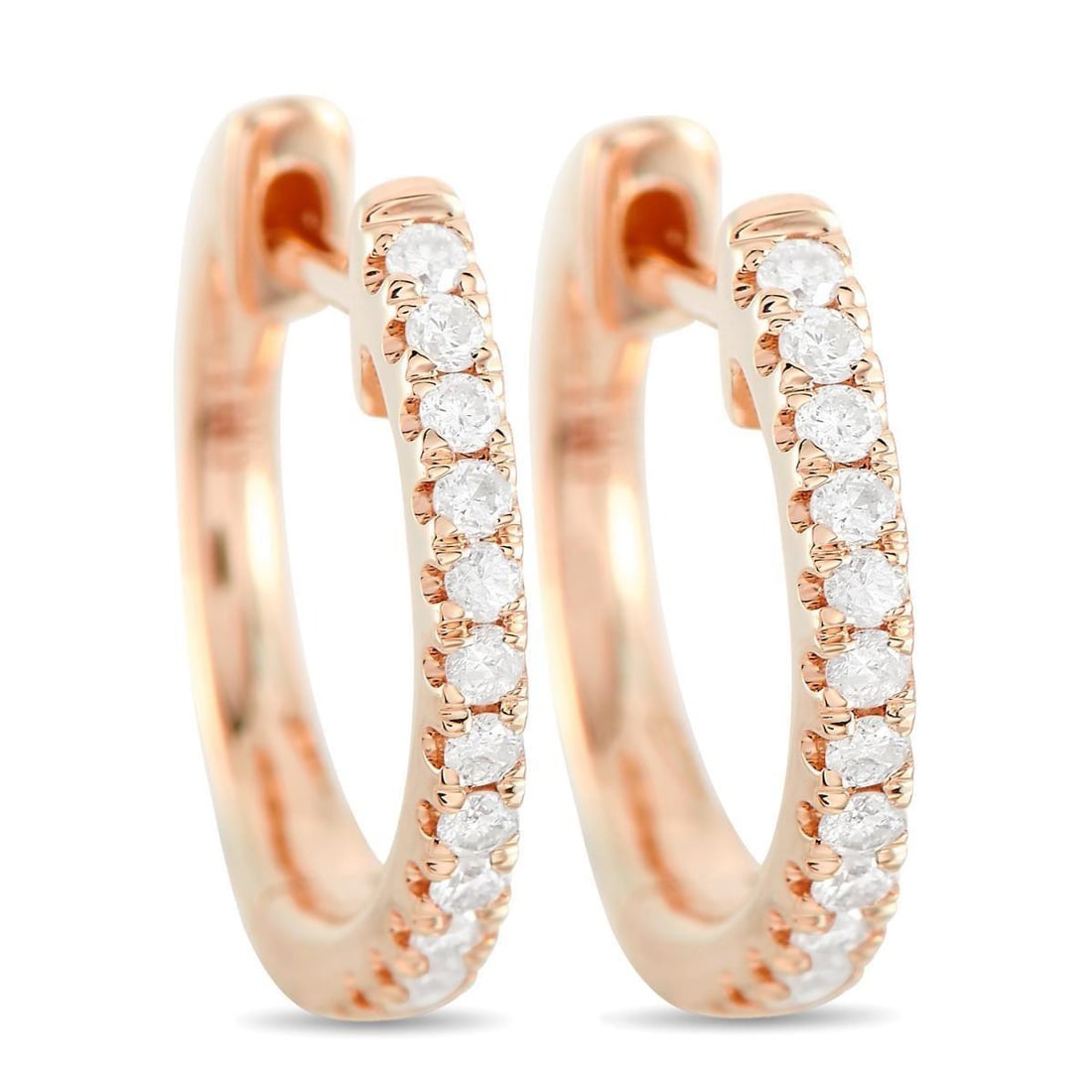 14K ROSE GOLD 0.22CT DIAMOND HOOP EARRINGS: A classic woman's choice. The 14K rose gold 0.22ct diamond hoop earrings displays timeless elegance perfect for elevating the look of any outfit. Shimmering round diamonds sparkle along the front outs