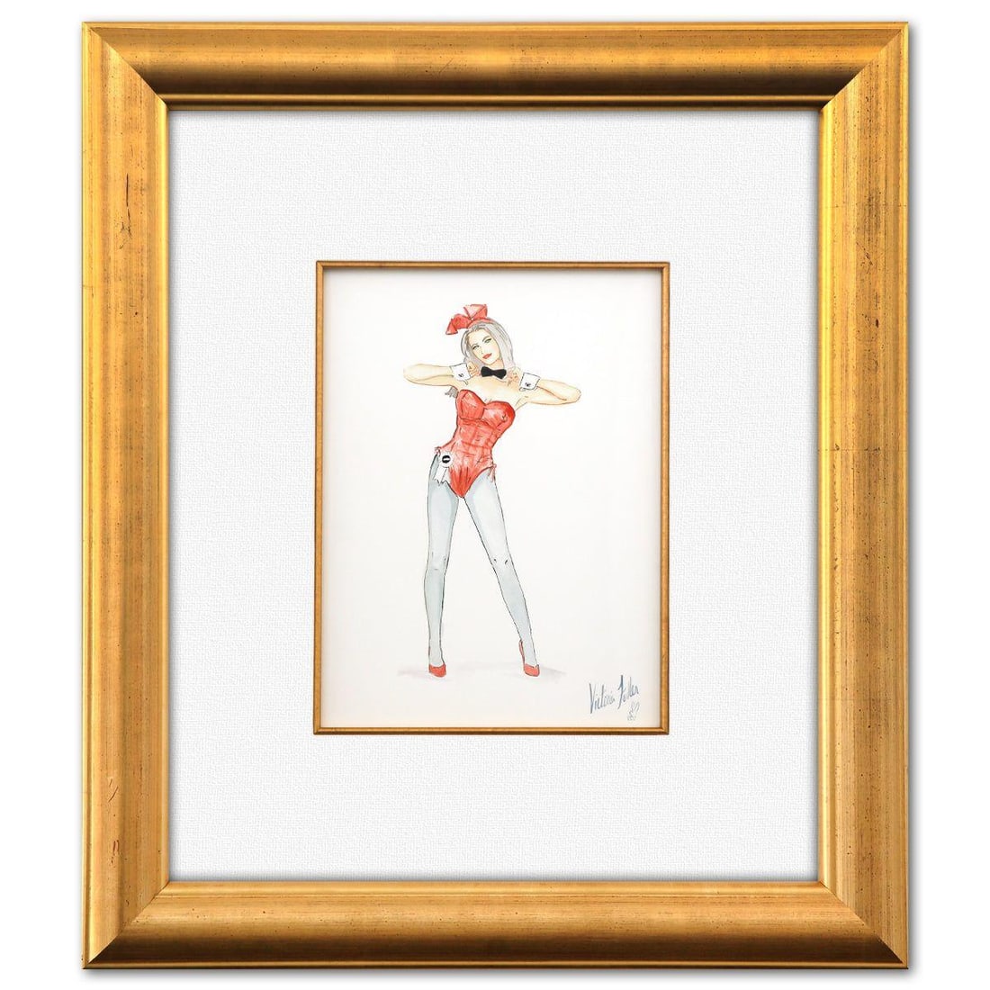 Victoria Fuller- Original Painting "Red Bunny Holding Bow RM": Artist: Victoria Fuller. Medium: Original Painting. Title: Red Bunny Holding Bow RM. Size: 11" x 9". Measures approx. 23" x 21" (framed). Signature: Hand Signed. Reference#: 74574.