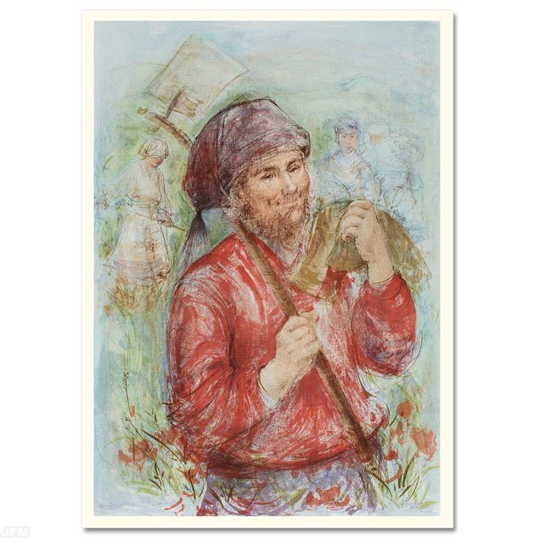 Man with Hoe Limited Edition Lithograph by Edna Hibel (1917-2014), Numbered and Hand Signed with: Man with Hoe is a limited edition lithograph on paper, numbered and hand signed by Edna Hibel (1917-2014). Includes Certificate of Authenticity! Measures approx. 29.5" x 41" (with border) 27.5" x 38.5