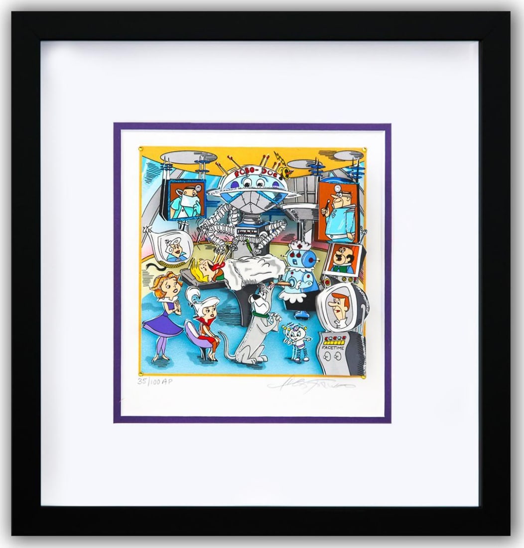 Charles Fazzino- 3D Construction Silkscreen Serigraph "A Jetson's House Call (Purple)": Artist: Charles Fazzino. Medium: 3D Construction Silkscreen Serigraph. Title: A Jetson's House Call (Purple). Size: 6" x 6". Measures approx. 14" x 14" (framed). Signature: Hand Signed and Numbered by