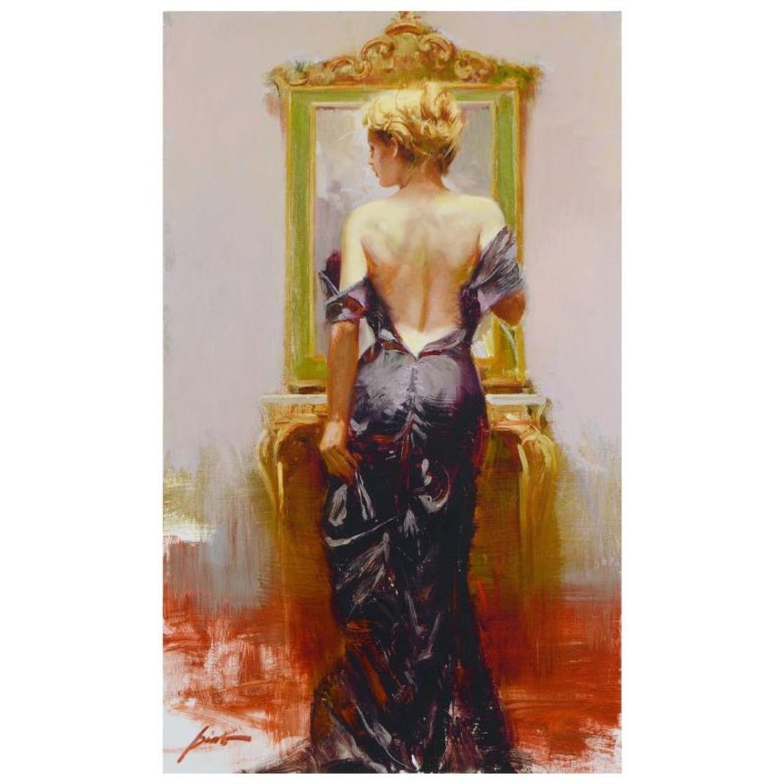 Pino (1939-2010), "Evening Elegance" Limited Edition Hand Embellished Giclee on Canvas. Numbered and: Pino's portraits allow glimpses into intensely personal, intimate spaces, conveying emotion through rich, warm color and sensual brushwork. "Evening Elegance" is a hand embellished limited edition gic