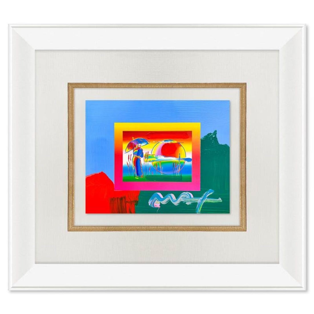 Peter Max, "Rainbow Umbrella Man" Framed One-of-a-Kind Acrylic Mixed Media, Hand Signed with: Rainbow Umbrella Man is a hand signed one-of-a-kind acrylic mixed media on paper by Peter Max. The piece comes custom framed with a backside cutout to display Peter Max Studio registration number 2991