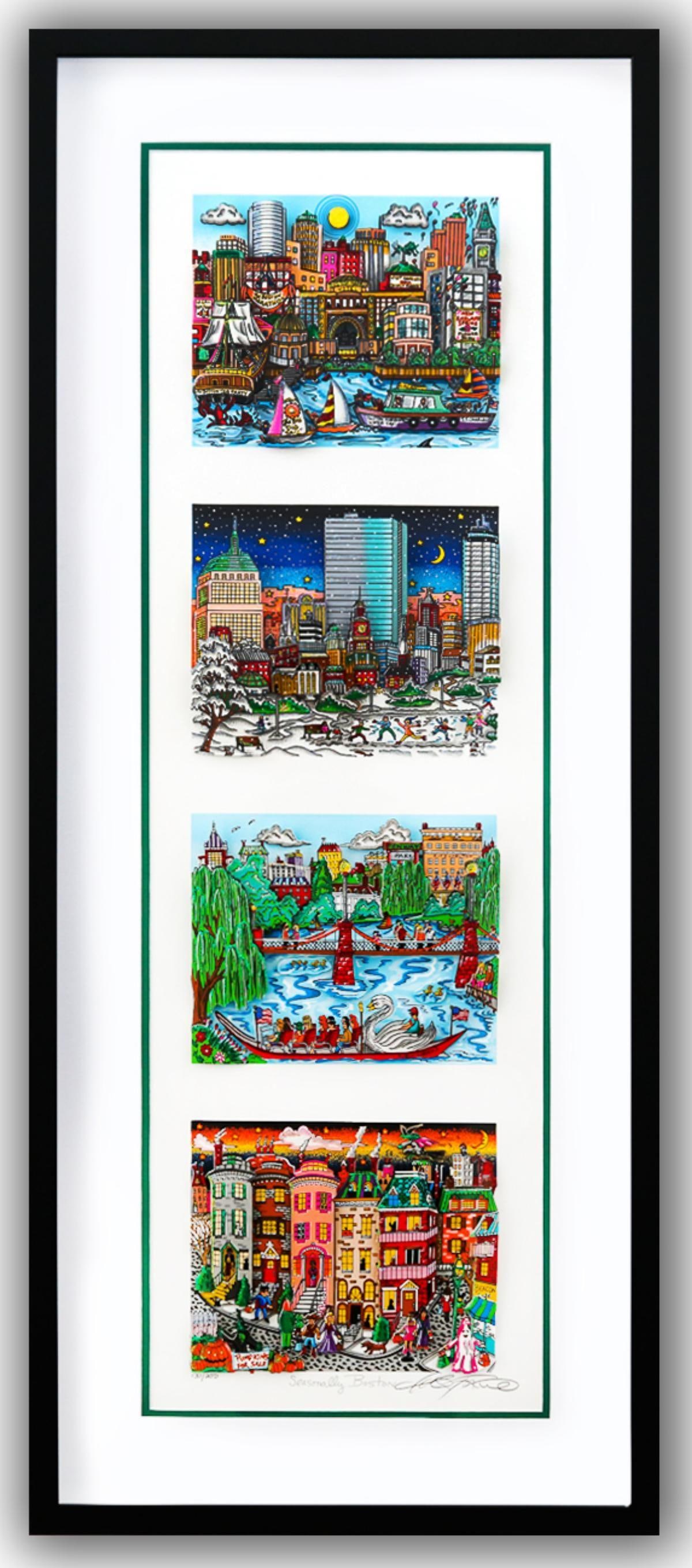 Charles Fazzino- 3D Construction Silkscreen Serigraph "Seasonally Boston (Green)": Artist: Charles Fazzino. Medium: 3D Construction Silkscreen Serigraph. Title: Seasonally Boston (Green). Size: 33" x 10". Measures approx. 41" x 18.5" (framed). Signature: Hand Signed and Numbered by