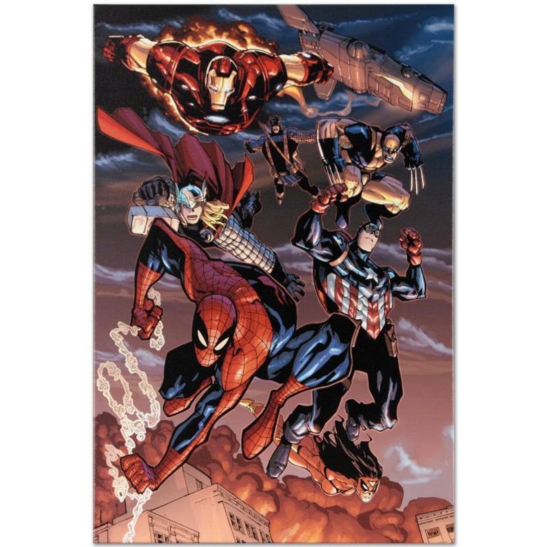 Marvel Comics "Amazing Spider-Man #648" Numbered Limited Edition Giclee on Canvas by Humberto Ramos: A piece of comic book history, this limited edition, from original art by Humberto Ramos, depicts the classic character Spider-Man, Captain America, Thor, and Iron Man. Mexican comic book artist Humbe