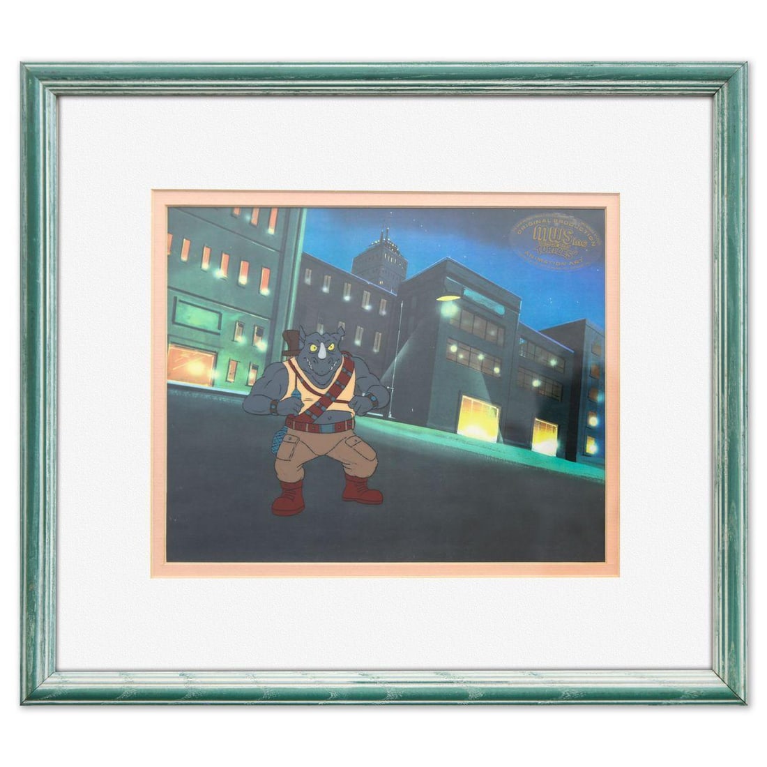 Animation Art- Hand-Painted Cel "Shredder": Artist: Animation Art. Medium: Hand-Painted Cel. Title: Shredder. Size: 8" x 9". Measures approx. 13.5" x 15.5" (framed). Certificate of Authenticity: Is included. Additional: Portfolio: Teenage Mutan