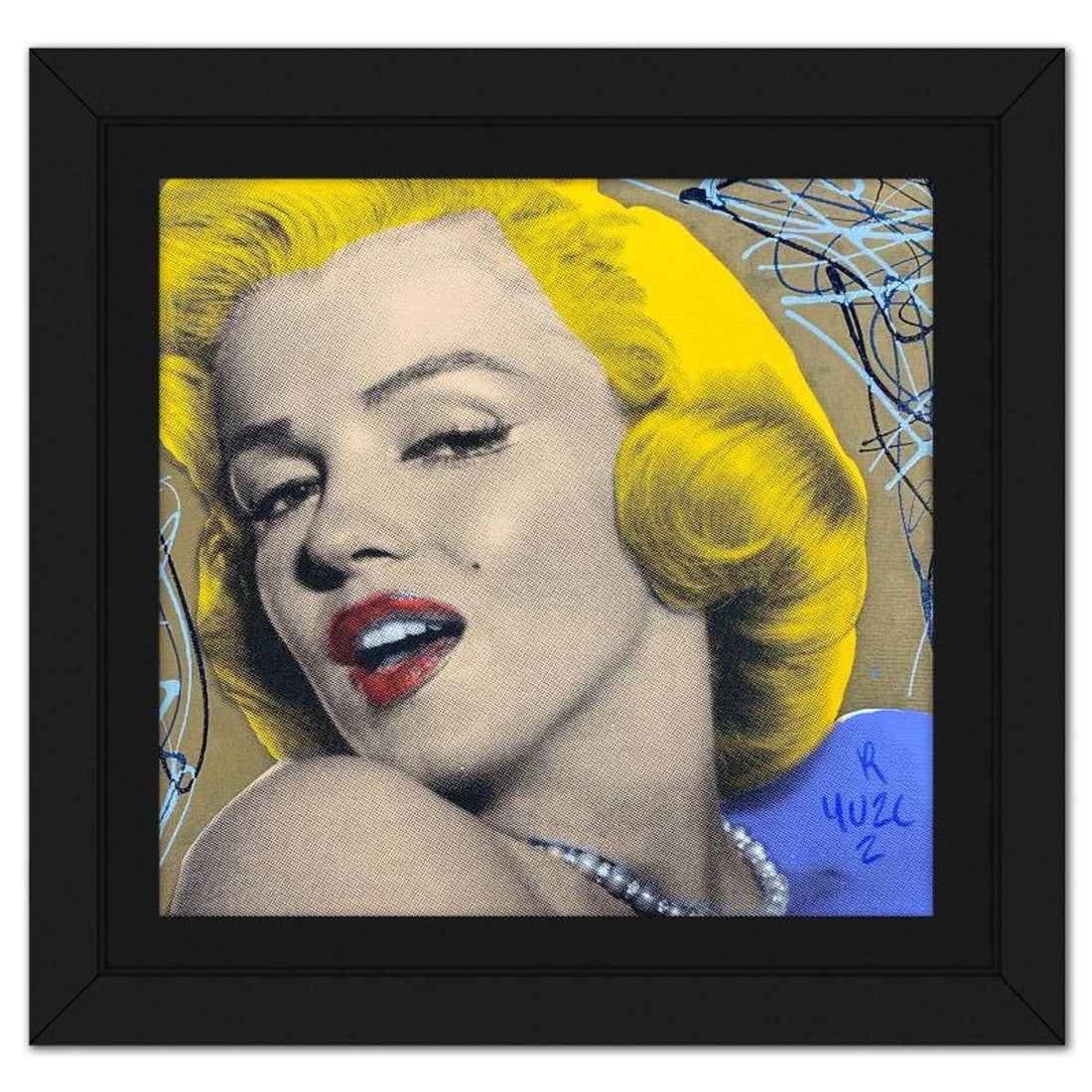 Ringo Daniel Funes (Protege of Andy Warhol's Apprentice, Steve Kaufman), "Marilyn with Pearls": Marilyn with Pearls is a one-of-a-kind hand-pulled mixed media silkscreen on canvas by Ringo (Daniel Funes) - protege of Andy Warhol's apprentice, Steve Kaufman.This piece is hand signed by the artist