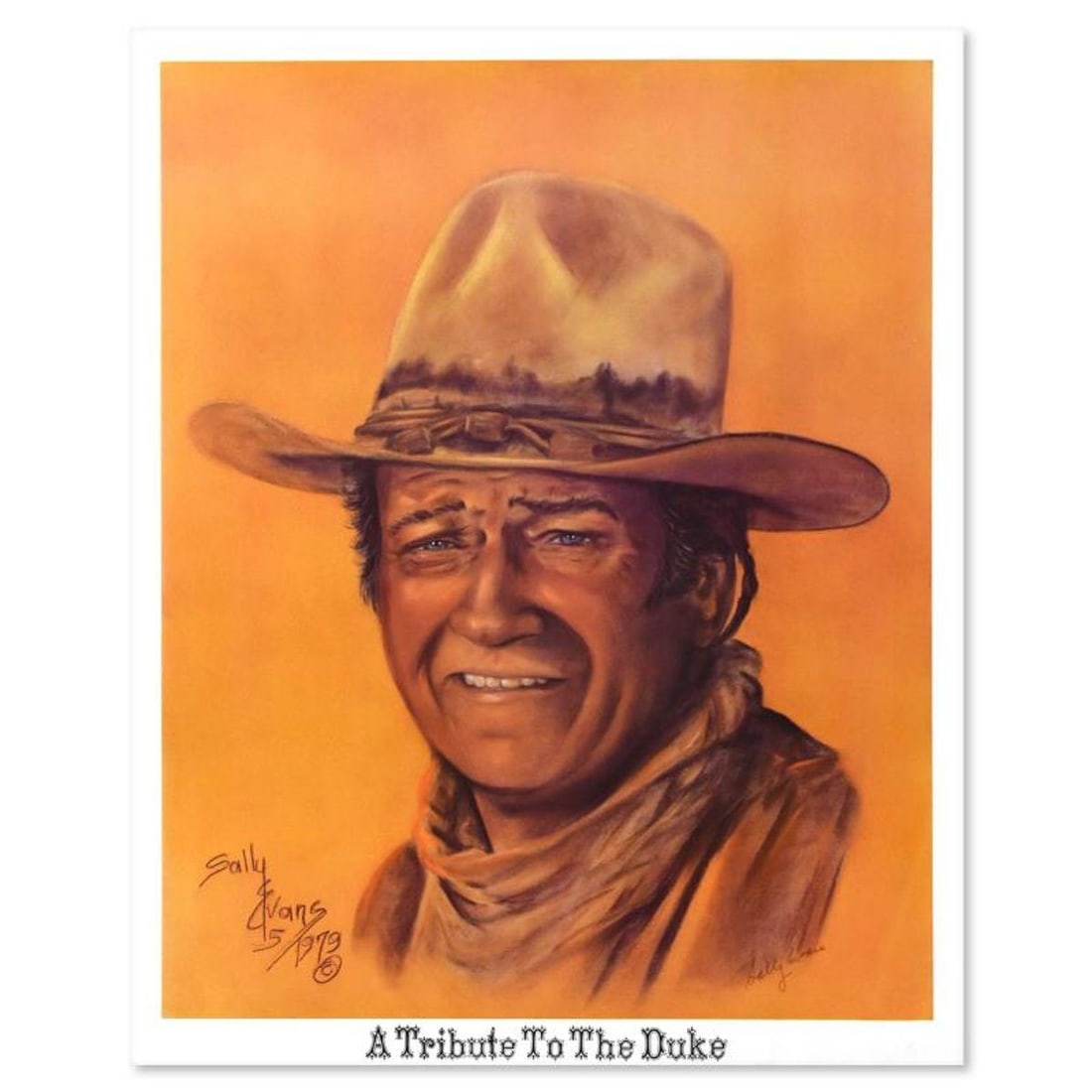 Sally Evans, "A Tribute to the Duke " Vintage Limited Edition Lithograph, Numbered and Hand Signed: A Tribute to the Duke is a vintage limited edition lithograph on paper by Sally Evans, numbered and hand signed by the artist. Includes Letter of Authenticity. Measures approx. 17.5" x 22" (border); 1