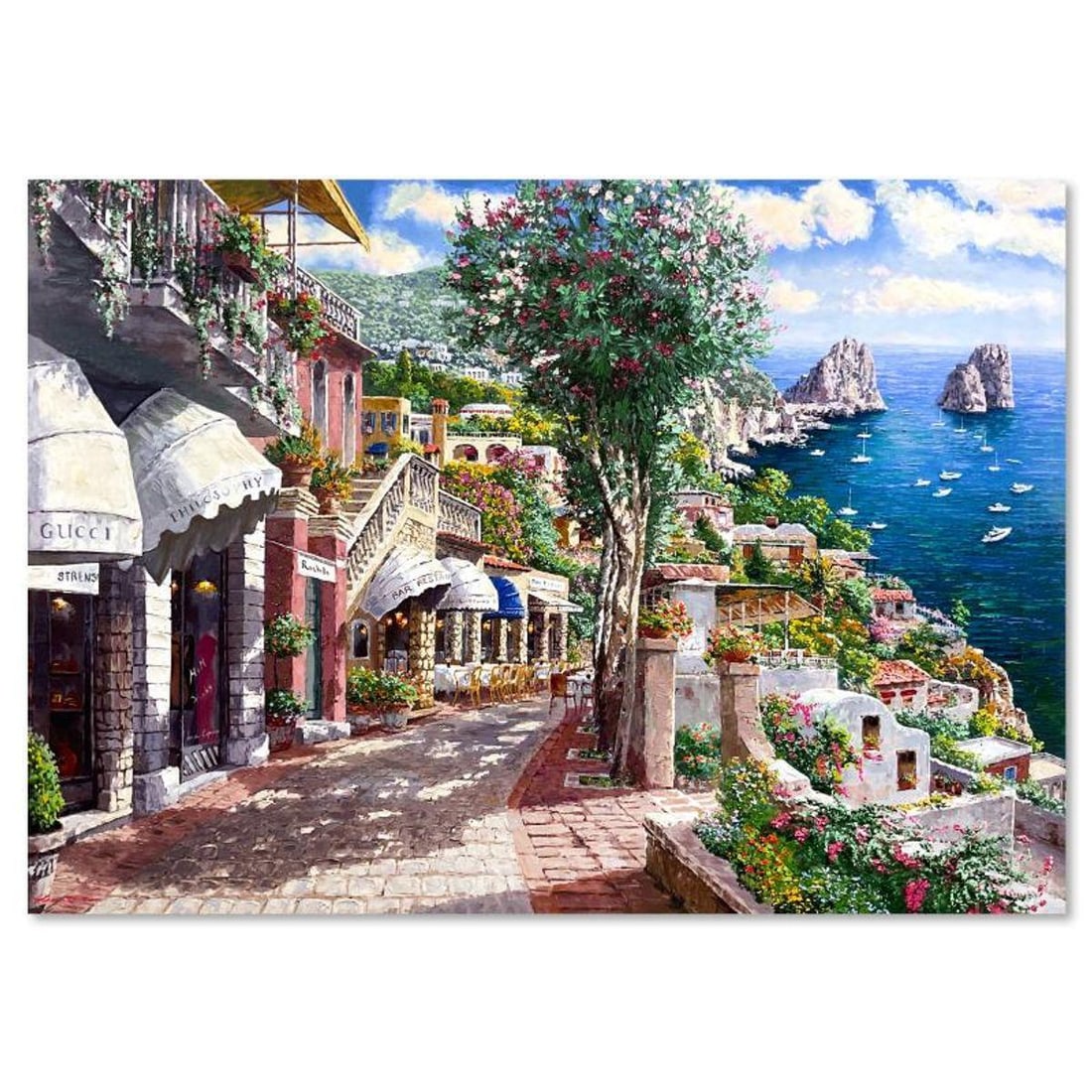 Sam Park, "Afternoon in Capri" Hand Embellished Limited Edition Printer's Proof on Canvas (38" x: Afternoon in Capri is a hand embellished limited edition printer's proof on stretched canvas by Sam Park, numbered 2/2 and hand signed by the artist. Includes Letter of Authenticity. Measures approx.
