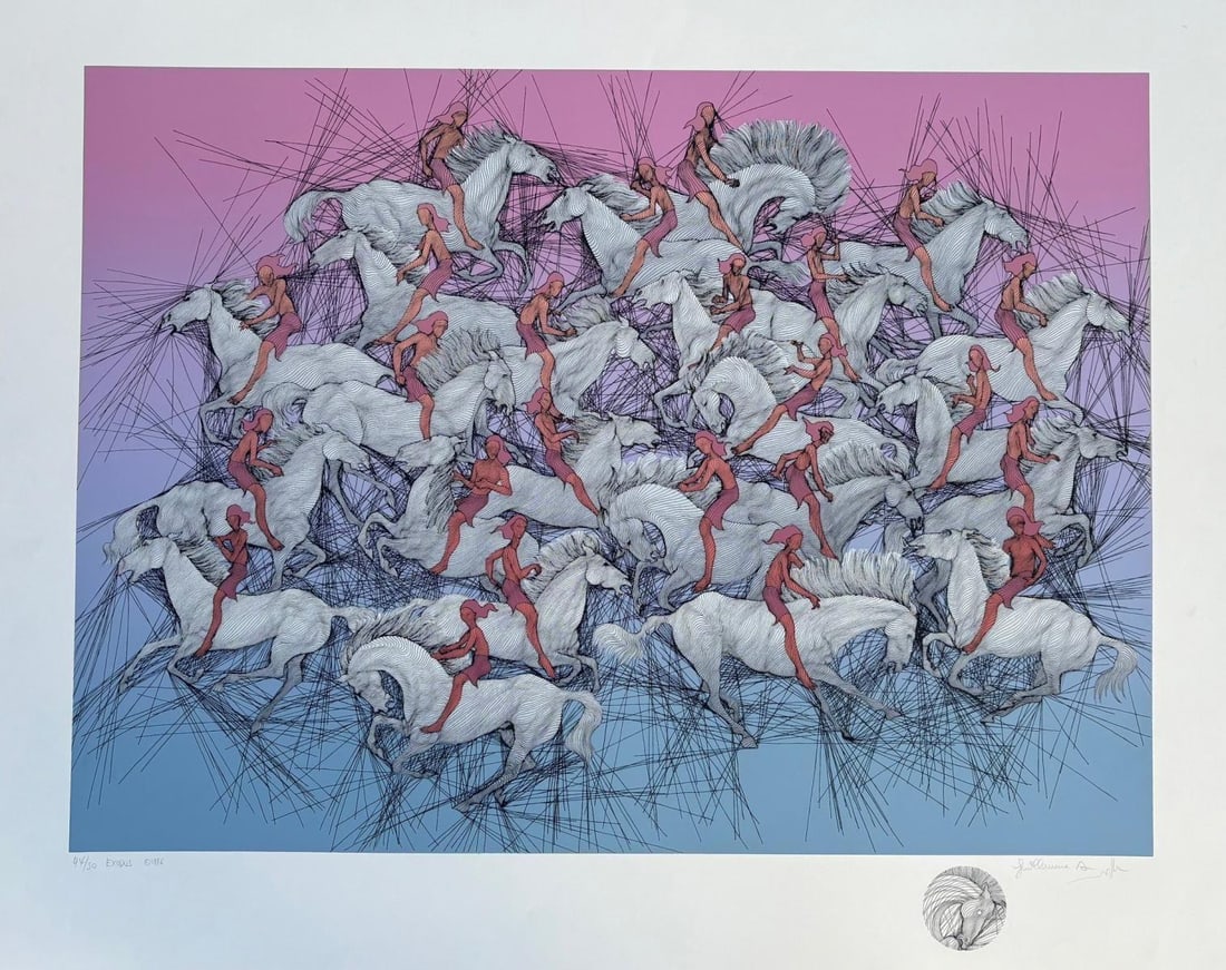 Guillaume Azoulay- Serigraph on paper "Exodus": Artist: Guillaume Azoulay. Medium: Serigraph on paper. Title: Exodus. Size: 30" x 40". Signature: Hand Signed and numbered. Additional: Exodus with hand drawn Remarque. Reference#: 74660.