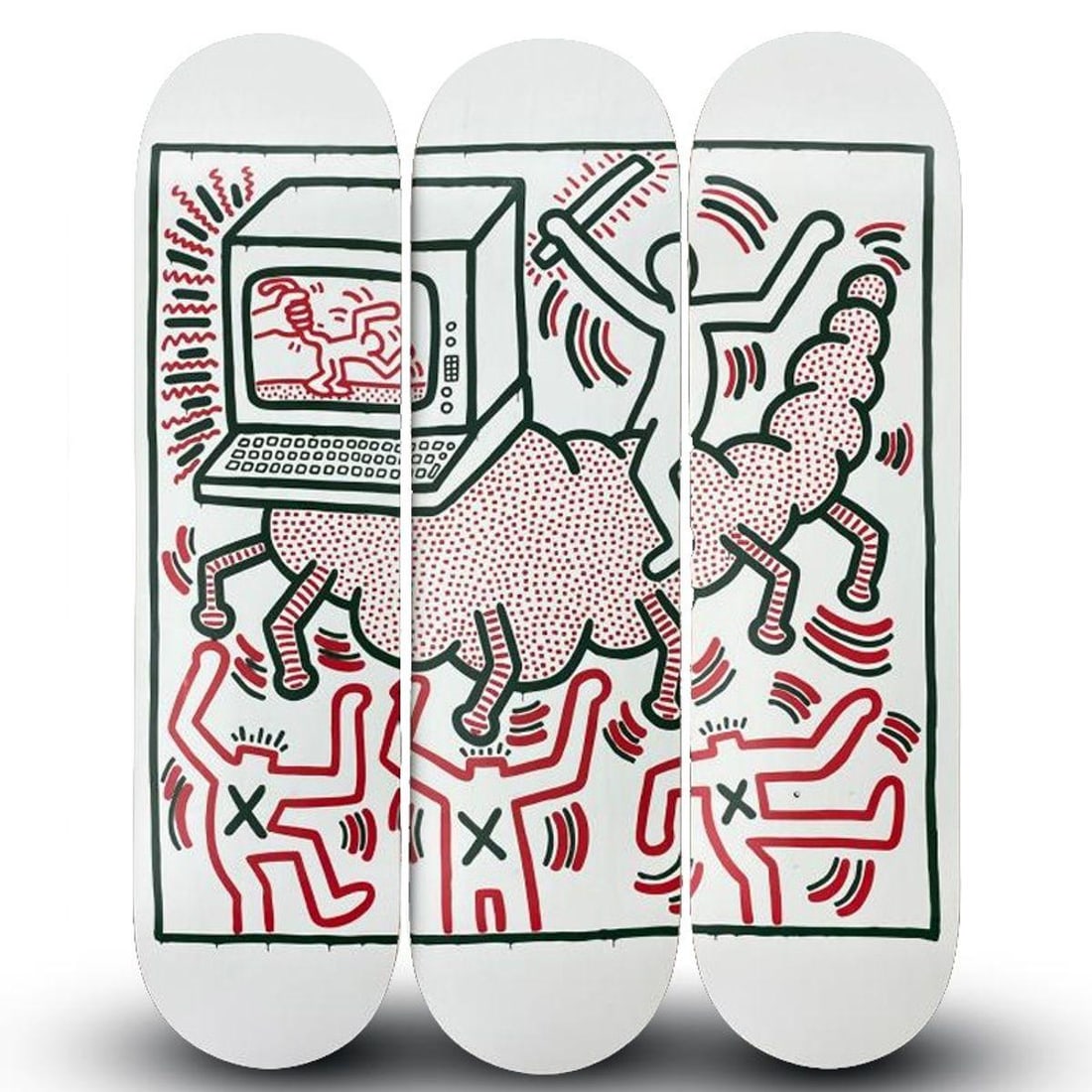 Keith Haring (1958-1990), "Centipede" Skateboard Triptych, Plate Signed with Letter of Authenticity.: Centipede is a skateboard triptych by Keith Haring (1958-1990), bearing the plate signature of the artist inverso. Includes Letter of Authenticity. Measures approximately 32" x 8.5" (each board). Refe