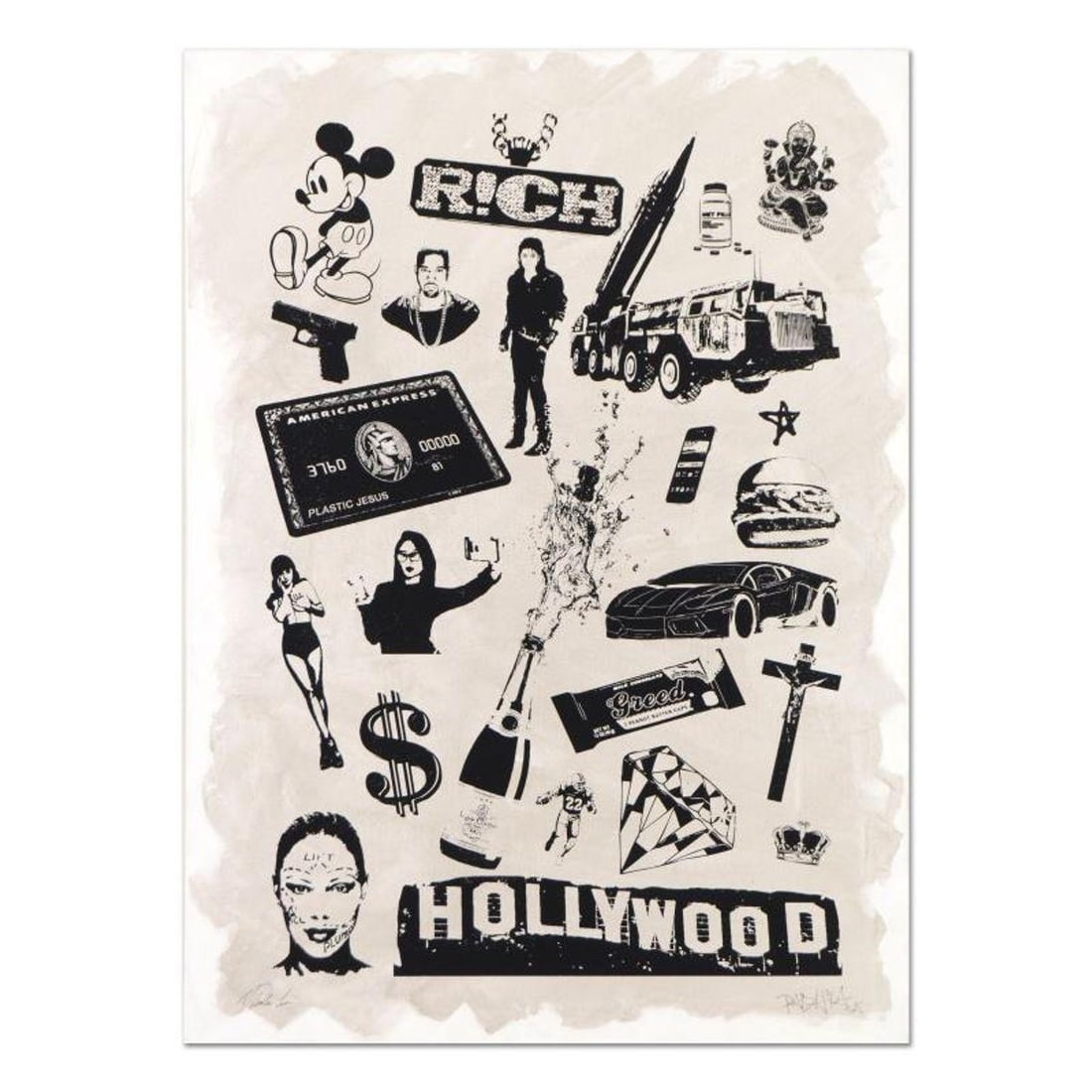 Padhia Avocado, "False Idols I: Plastic Jesus" One-of-a-Kind Hand Painted Silkscreen Mixed Media on: False Idols I: Plastic Jesus is a one-of-a-kind hand painted silkscreen mixed media on canvas, hand signed by the artist. Includes Letter of Authenticity. Measures approx. Measures approx. 22" x 30" (