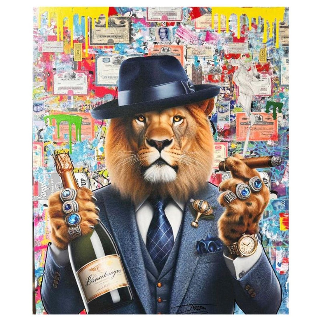 Jozza, "Champangne 4 Two" Unique Mixed Media on Canvas, Hand Signed Inverso with Letter of: Champangne 4 Two is a unique mixed media acrylic on gallery wrapped canvas by Jozza. This piece is hand signed and titled in verso. Includes Letter of Authenticity. Measures approximately 48" x 40" (i