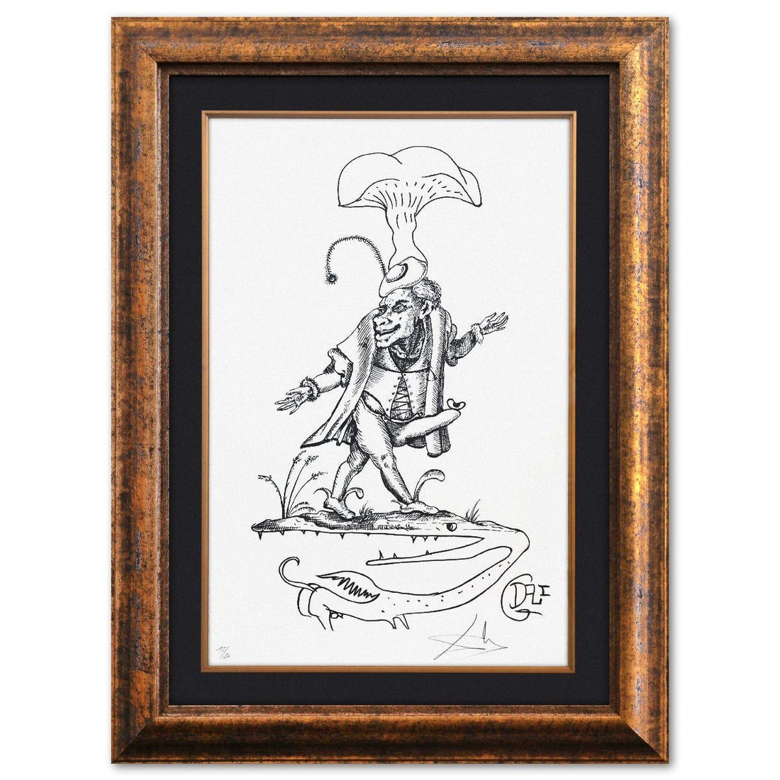 Salvador Dali- Original Lithograph from Gouache and Collage "Les Songes Drolatiques de Pantagruel": Artist: Salvador Dali. Medium: Original Lithograph from Gouache and Collage. Title: Les Songes Drolatiques de Pantagruel. Size: 29" x 19". Measures approx. 41" x 31" (framed). Signature: Hand signed a