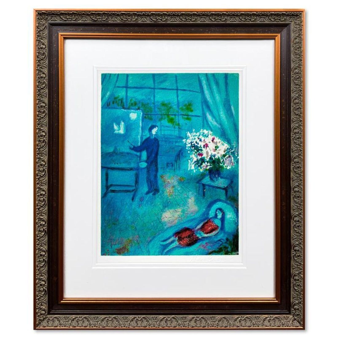 Marc Chagall (1887-1985), "L'artiste Et Son Modele" Framed Limited Edition Lithograph with Letter of: L'artiste Et Son Modele is a framed limited edition lithograph on paper by Marc Chagall (1887-1985). Printed by Atelier Mourlot in Paris and authorized by the Chagall Estate and ADAGP Paris , the piec