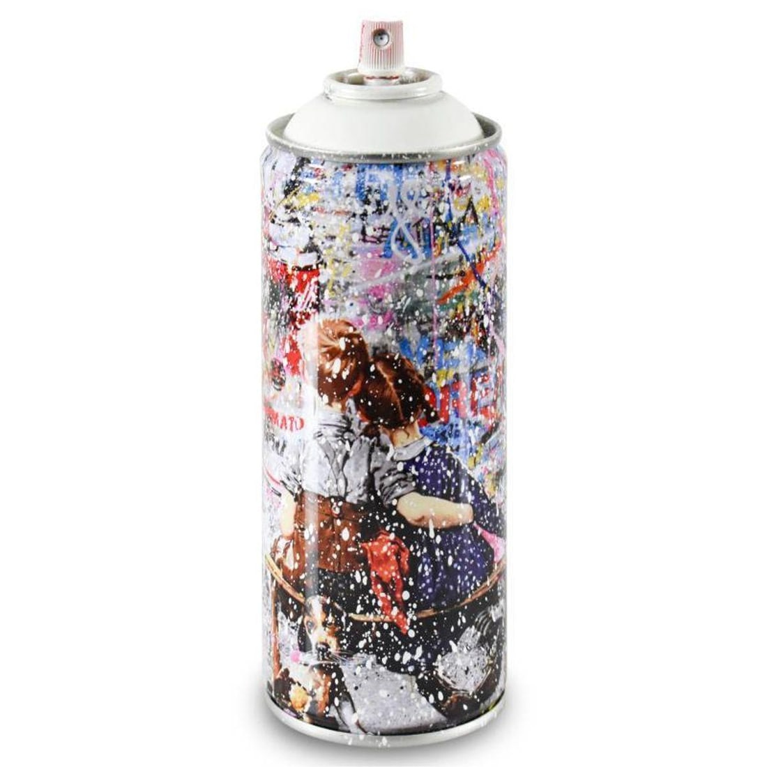 Mr. Brainwash, "Work Well Together (White)" Limited Edition Hand Painted Spray Can with Plate: Work Well Together (White) is a numbered limited edition hand painted spray can by Mr Brainwash. This piece bears the plate signature of the artist and comes from his 2020 Classic Spray Can Collection