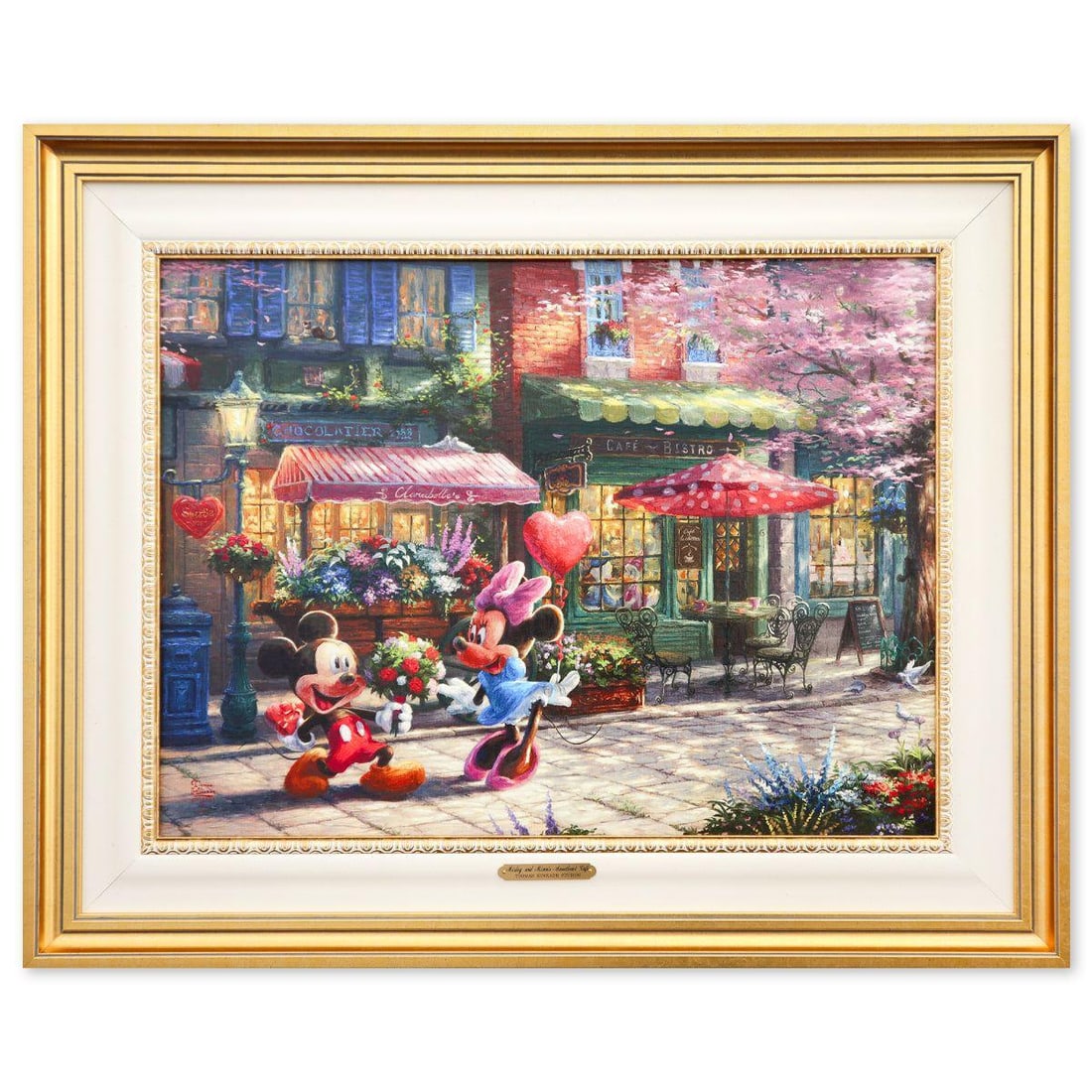 Thomas Kinkade- Hand Embellished Giclee on Canvas "Mickey and Minnie Sweetheart Cafe": Artist: Thomas Kinkade. Medium: Hand Embellished Giclee on Canvas. Title: Mickey and Minnie Sweetheart Cafe. Size: 17.5" x 23.5". Measures approx. 25.5" x 31.5" (framed). Signature: Hand signed and nu