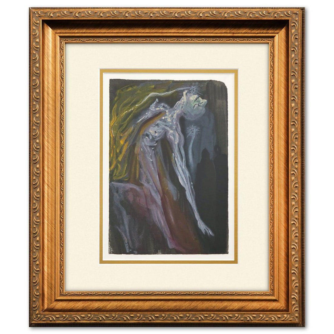 Salvador Dali- Original Color Woodcut on B.F.K. Rives Paper "Inferno 9": Artist: Salvador Dali. Medium: Original Color Woodcut on B.F.K. Rives Paper. Title: Inferno 9. Size: 13" x 10". Measures approx. 18" x 16" (framed). Certificate of Authenticity: Is included. Additiona