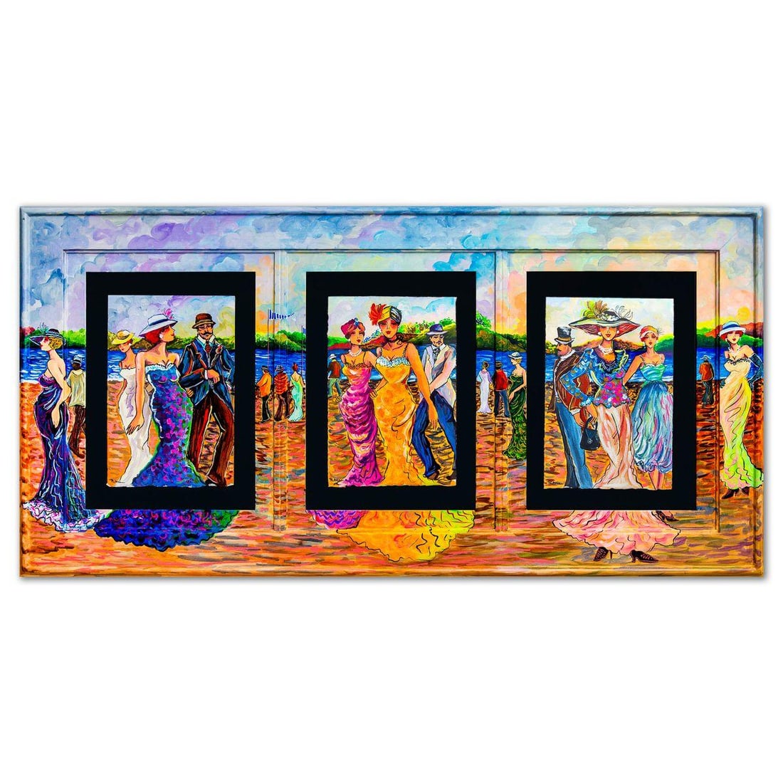 Patricia Govezensky- Original Watercolors with Hand Painted Frame "Boardwalk Elegance": Artist: Patricia Govezensky. Medium: Original Watercolors with Hand Painted Frame. Title: Boardwalk Elegance. Size: 11" x 7.5". Measures approx. 22" x 44" (framed). Signature: Hand Signed by the Artis