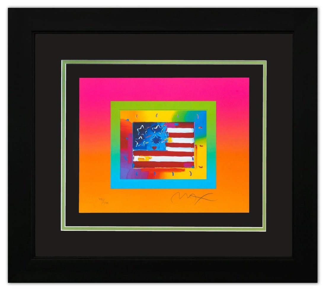 Peter Max- Original Lithograph "Flag with Heart on Blends": Artist: Peter Max. Medium: Original Lithograph. Title: Flag with Heart on Blends. Size: 10" x 13". Measures approx. 20" x 23" (framed). Signature: Hand Signed and Numbered by the artist. Certificate o