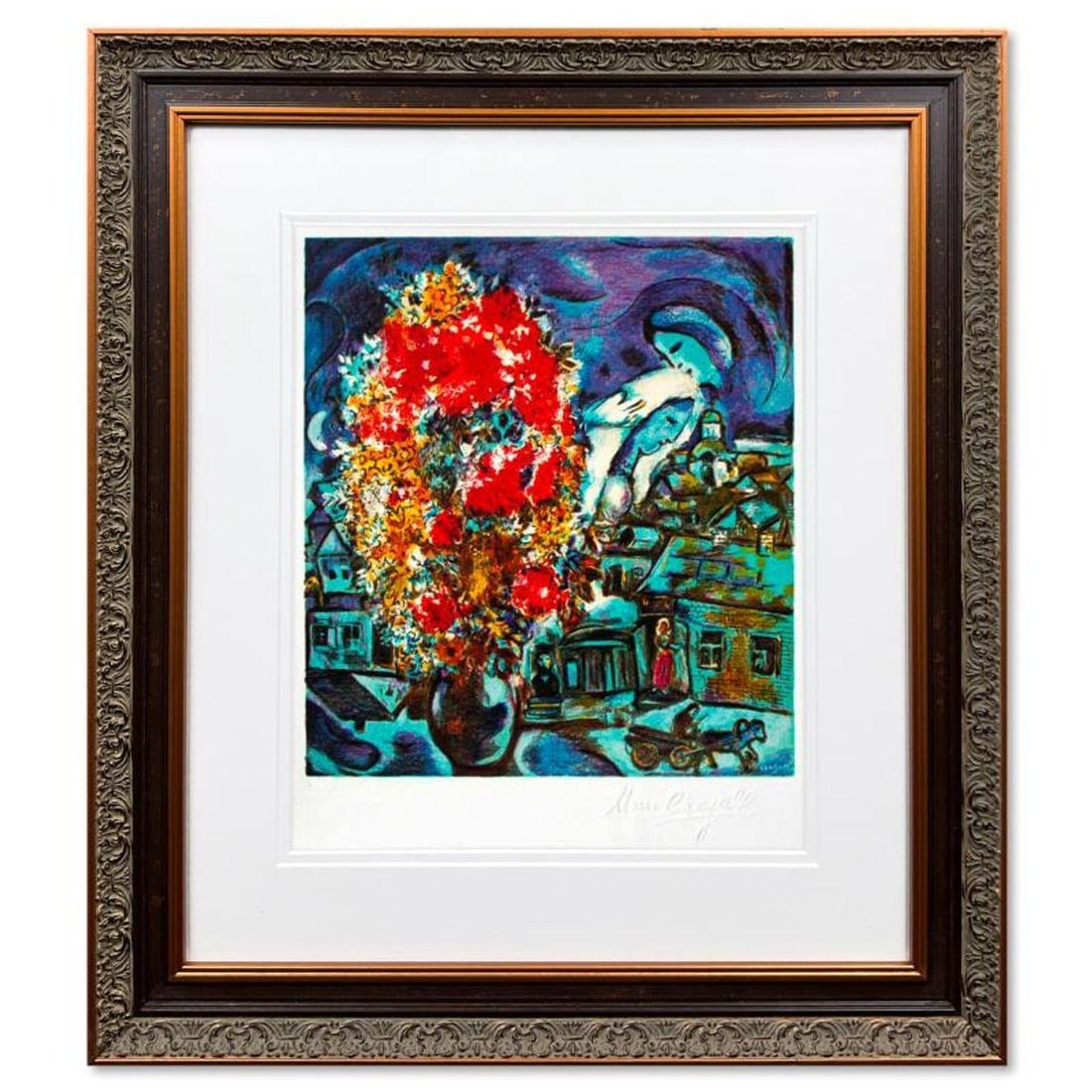 Marc Chagall (1887-1985), "Le Boutique Et Le Village Bleu" Framed Limited Edition Lithograph with: Le Boutique Et Le Village Bleu is a framed limited edition lithograph on paper by Marc Chagall (1887-1985). Printed by Atelier Mourlot in Paris and authorized by the Chagall Estate and ADAGP Paris , t