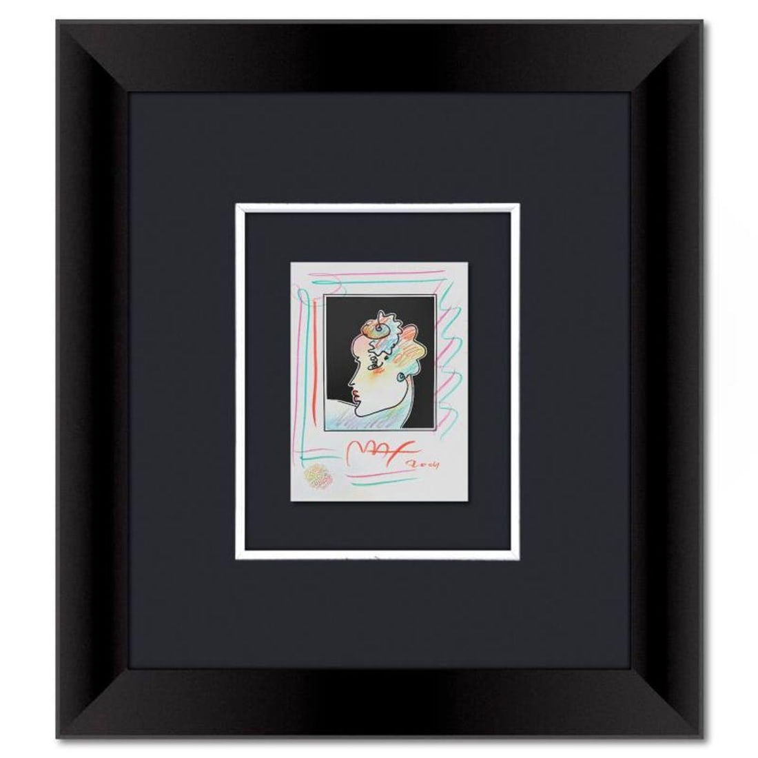 Peter Max, Framed One-of-a-Kind Mixed Media, Hand Signed with Registration Number Certifying: This is a one-of-a-kind mixed media on paper, hand signed by Peter Max. The piece comes custom framed with a backside cutout to display Peter Max Studio registration number 340205 certifying authentic