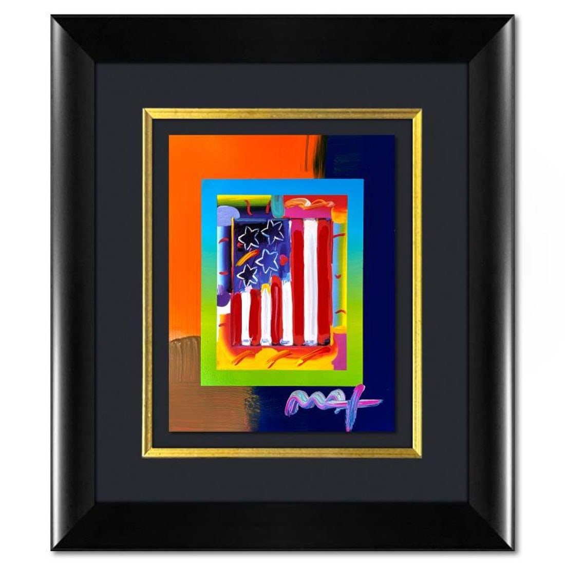 Peter Max, "Flag with Heart" Framed One-of-a-Kind Acrylic Mixed Media, Hand Signed with Registration: Flag with Heart is a hand signed one-of-a-kind acrylic mixed media on paper by Peter Max. The piece comes custom framed with a backside cutout to display Peter Max Studio registration number 253010 ce