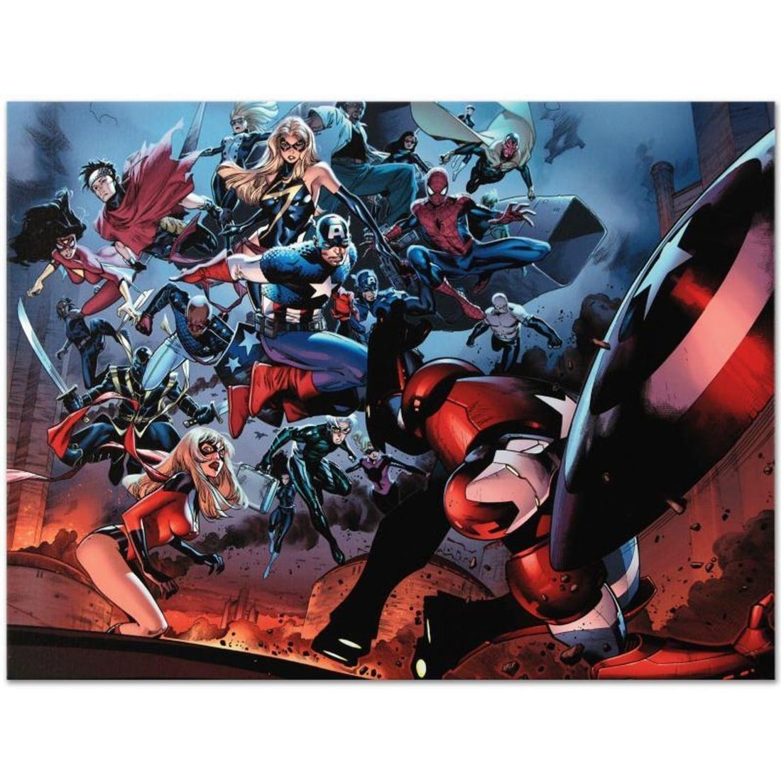 Marvel Comics "Siege #3" Numbered Limited Edition Giclee on Canvas by Oliver Coipel with COA.: A piece of comic book history, this limited edition, from original art by Oliver Coipel, depicts Ms. Marvel, Captain America, Ronin, Wiccan, Spider Woman, Spider-Man, Iron Man, and many more. Olivier