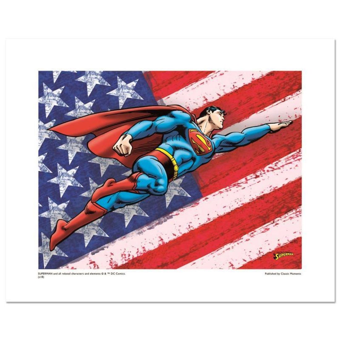 DC Comics, "Superman Patriotic" Numbered Limited Edition Giclee with Certificate of Authenticity.: Superman Patriotic is a limited edition giclee on paper licensed by DC Comics. The piece is numbered and includes Certificate of Authenticity. Measures approx. 16" x 20" (with border), 12" x 16" (imag