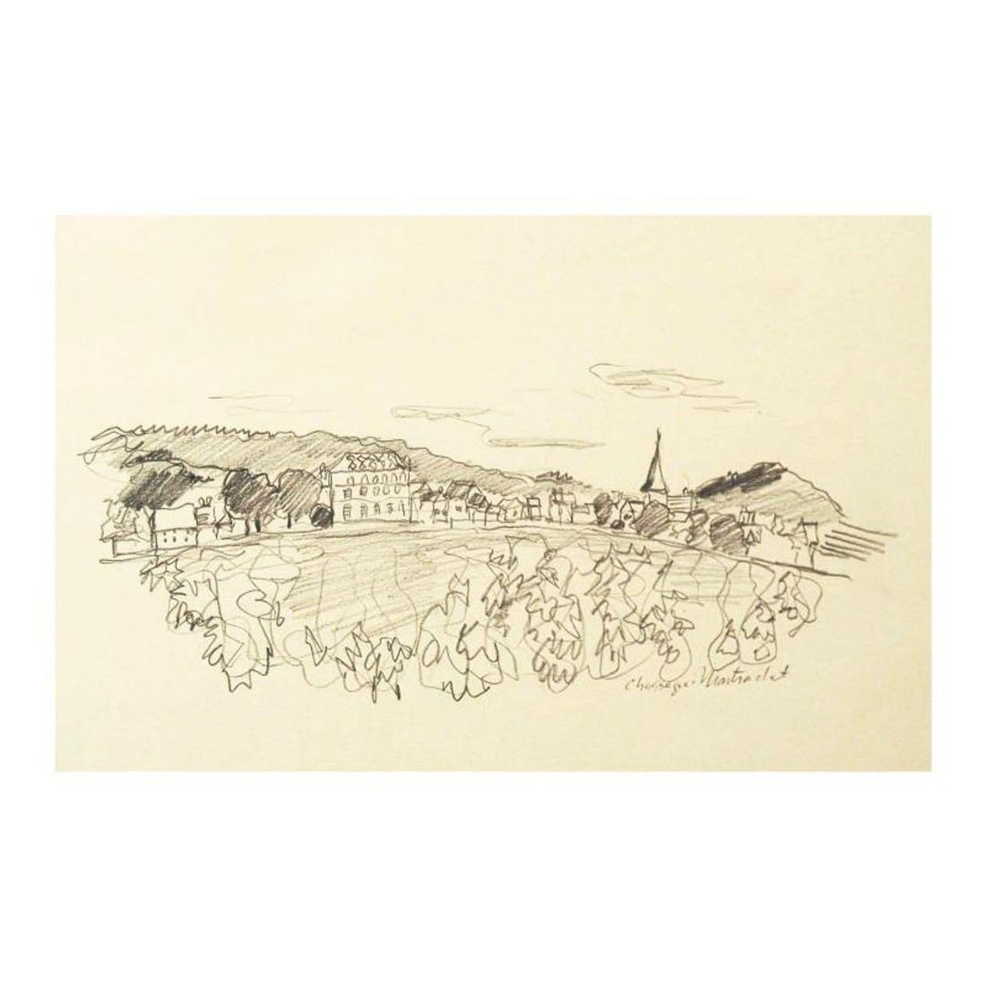 Wayne Ensrud "View of Chassange-Montrachet, Burgundy" Pencil Original Artwork; Hand Signed; COA: View of Chassange-Montrachet, Burgundy is an original Pencil on Paper by Wayne Ensrud. The piece is hand signed by the artist and comes with a Certificate of Authenticity. Measures approximately 15" x