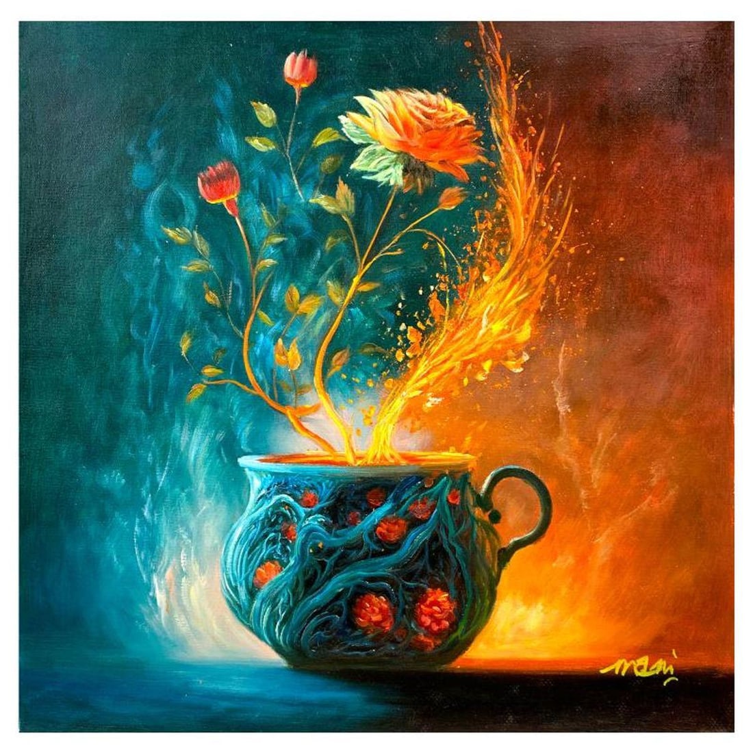 Mani, Original Acrylic Painting on Canvas, Hand Signed with Letter of Authenticity.: This is an original acrylic painting on canvas by Mani, hand signed by the artist. Includes Letter of Authenticity. Measures approx. 24" x 24" (image).