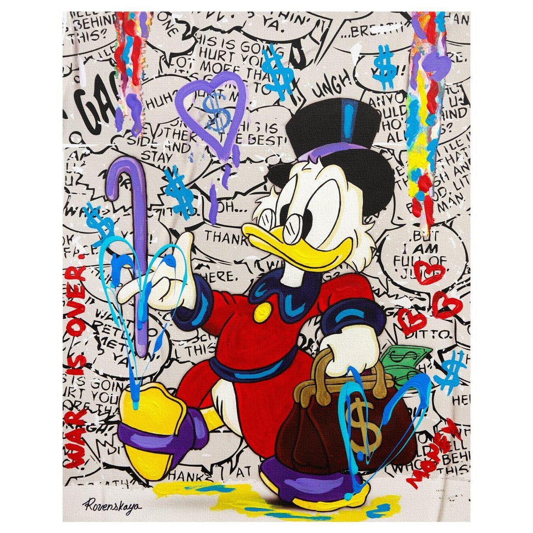 Nastya Rovenskaya- Mixed Media on Canvas "Cartoon Revolution": Artist: Nastya Rovenskaya. Medium: Mixed Media on Canvas. Title: Cartoon Revolution. Size: 30" x 24". Signature: Hand Signed. Certificate of Authenticity: Is included. Reference#: 30208.
