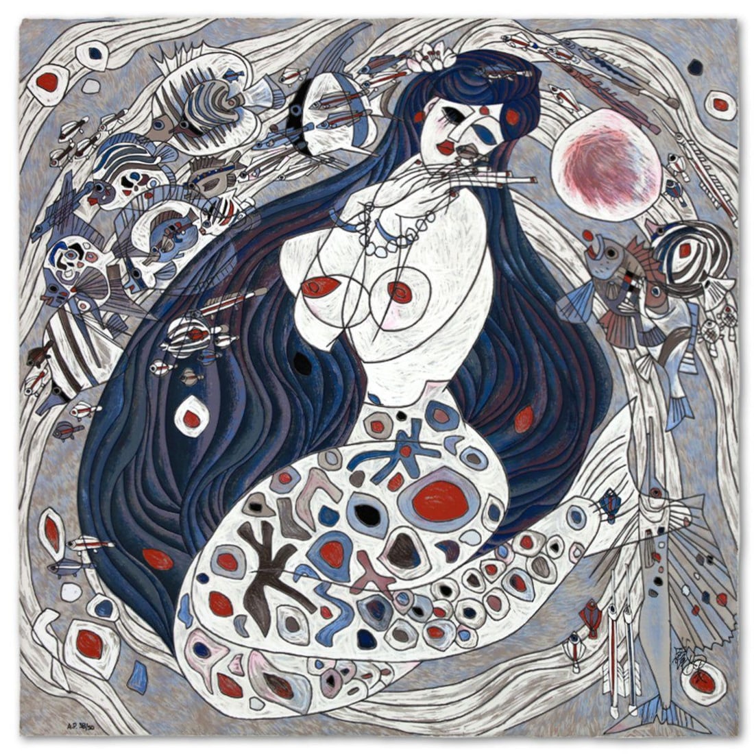 Jian Tie Feng- Silkscreen "White Mermaid": Artist: Jian Tie Feng. Medium: Silkscreen. Title: White Mermaid. Size: 32" x 32". Signature: Hand Signed and Numbered. Reference#: 80543.